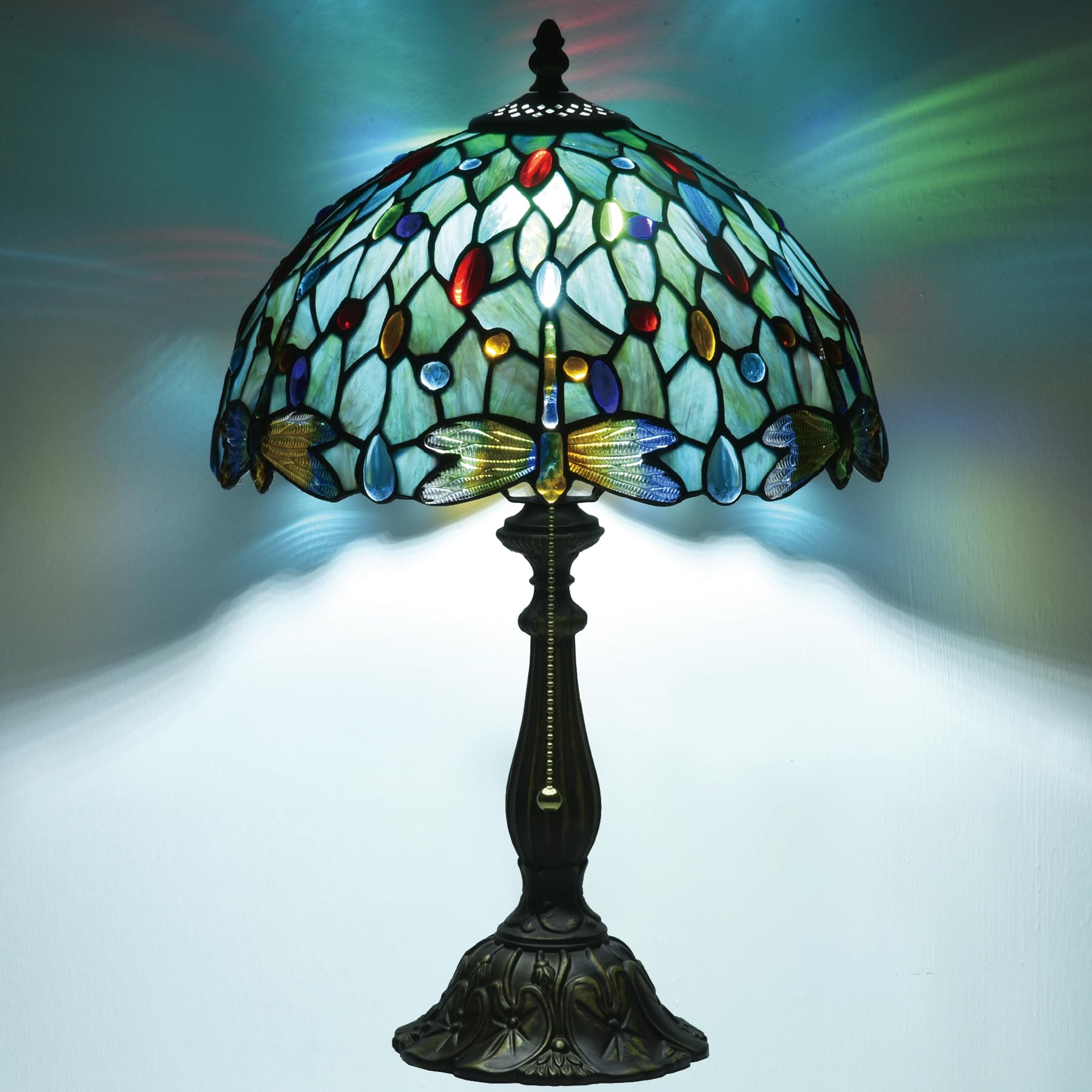 Msrzuds Tiffany Style Stained Glass Table Lamp 12-inch Dia Ocean Blue Dragonfly Design Lampshade Vintage Nightstand Light for Be