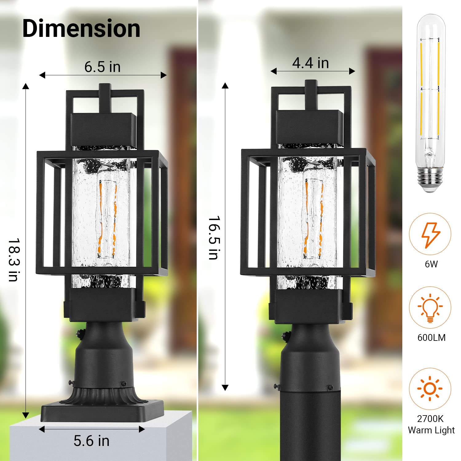PARTPHONER 18in Outdoor Post Light Fixture, Waterproof Aluminum, Matte Black, Model PAPO034AB1