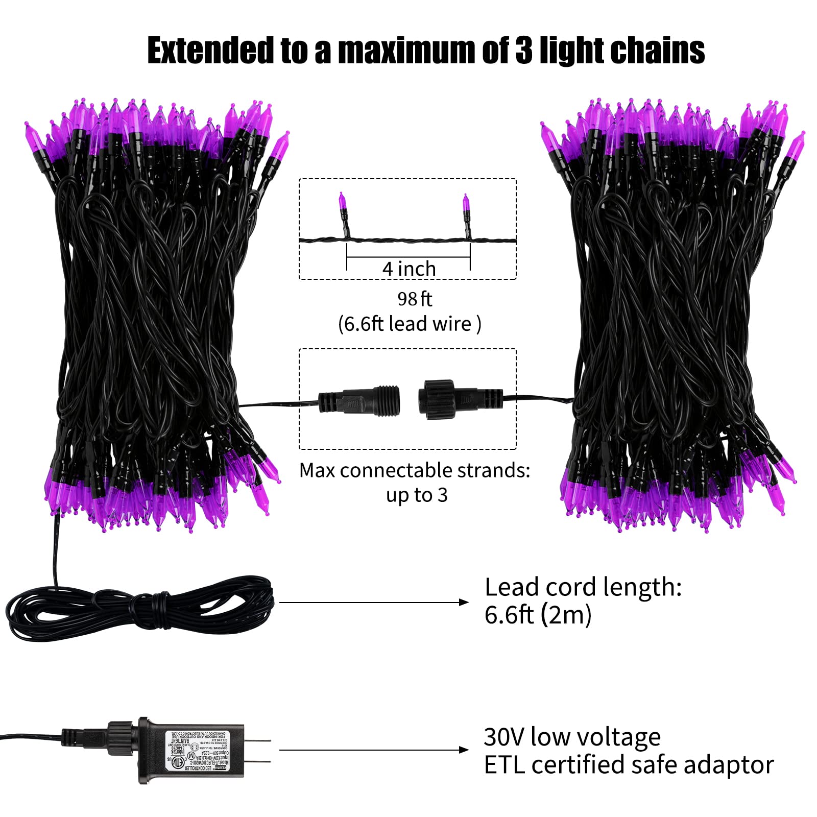 Minetom Halloween String Lights, 300 LEDs, 98 Feet, 8 Modes, Purple, Model JT-EL/FC300V0200-C