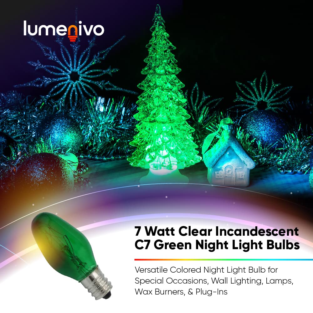 Lumenivo 7 Watt Green Incandescent C7 Colored Night Light Bulb 7W C7 Green Christmas Village Light Bulbs - Candelabra Base Bulbs
