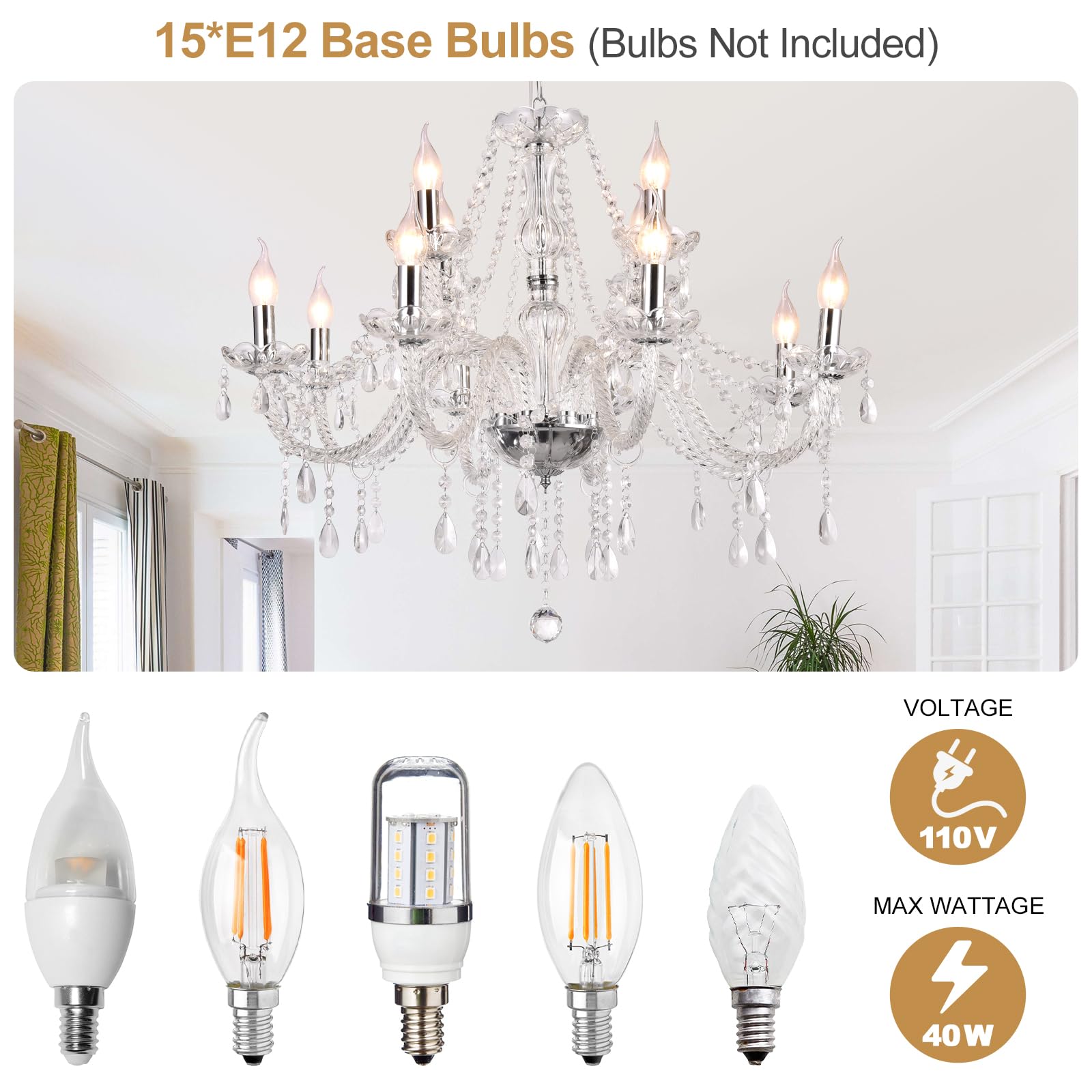 Baotree Modern Elegant 15 Lights K9 Crystal Glass Chandelier Silver Pendant Ceiling Lighting European Style For Dining Living Ro
