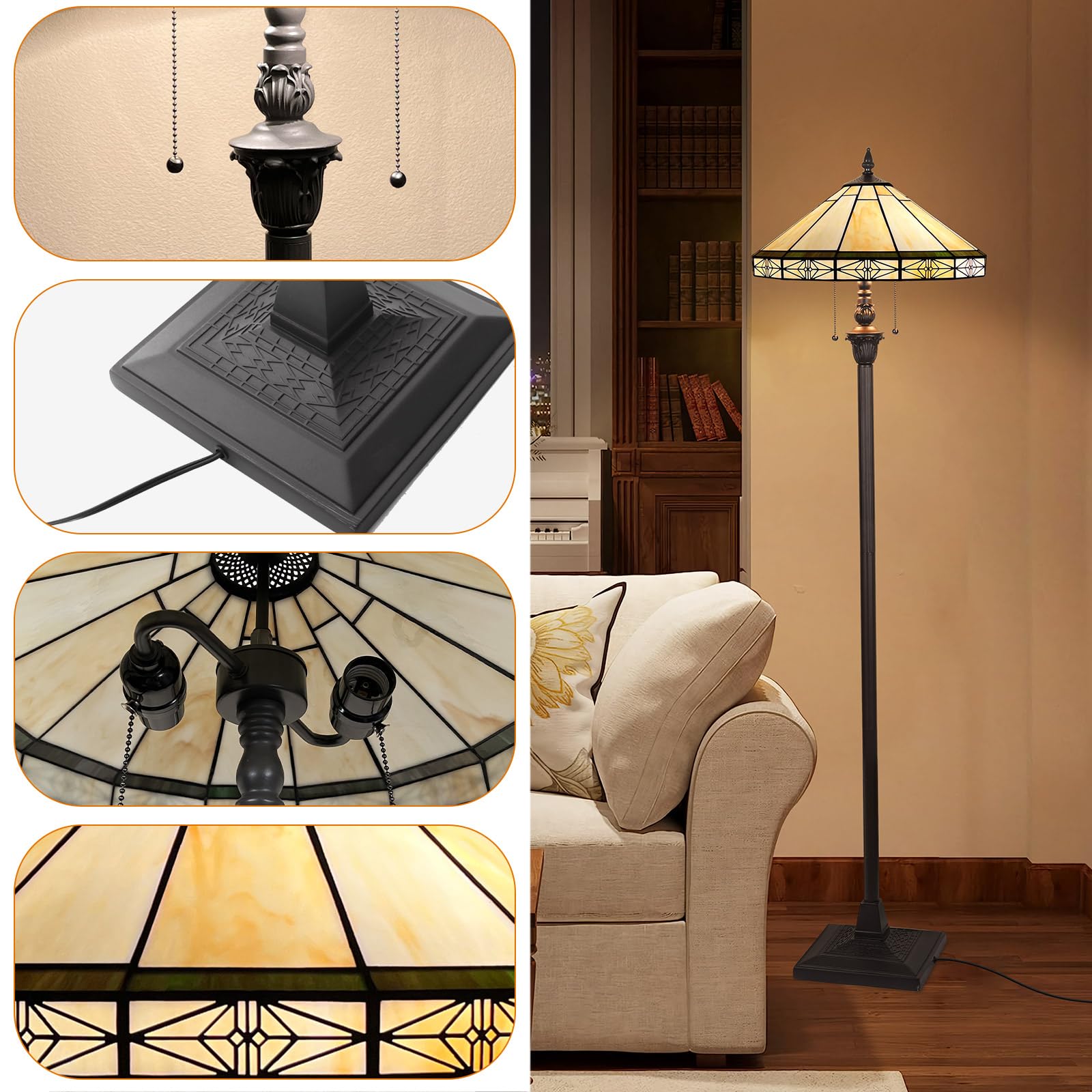Capulina Tiffany Lamp 2-Light Vintage Cream Stained Glass Floor Lamp 63" for Living Room, Bedroom, Office