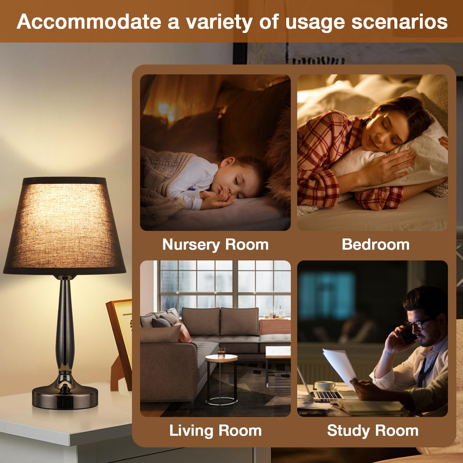 Kakanuo Touch Bedside Lamp - 3-Way Dimmable Nightstand Lamp with 2 USB Ports, Black, LED Bulb Included, 1 Pack