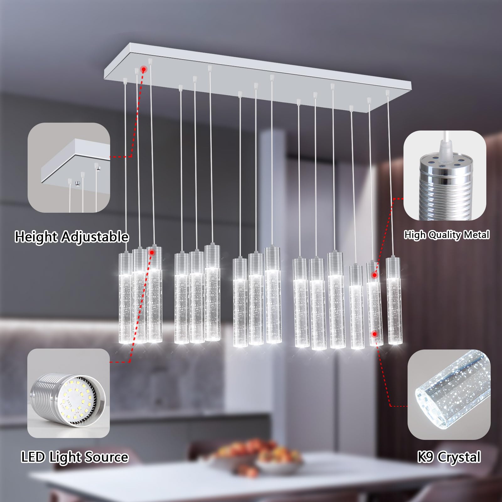 Dolria 15-Lights Modern Crystal Chandelier Led Pendant Lighting Fixture For Kitchen Island Light Fixtures For Dining Room Hallway Foyer