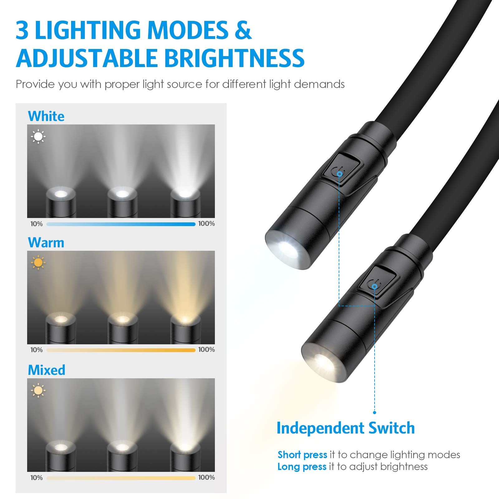 AMIR Upgraded LED Neck Reading Light, Book Light for Reading in Bed, 3 Colors, Brightness Adjustable, Bendable Arms, Rechargeabl