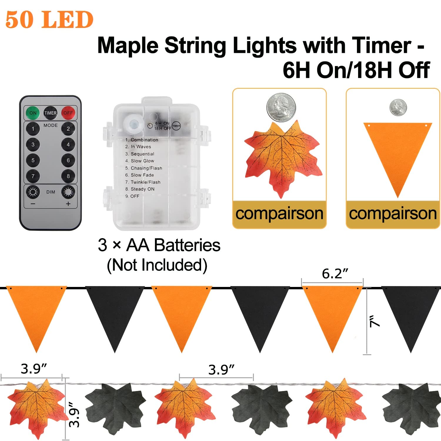 50 Led 16.4Ft Halloween Decorations Fall Garland String Lights With Timer And Remote, Lighted Black Maple Leaves Garlands Decor With Banner, Battery Operated Fall Lights For Home Party Indoor Mantle