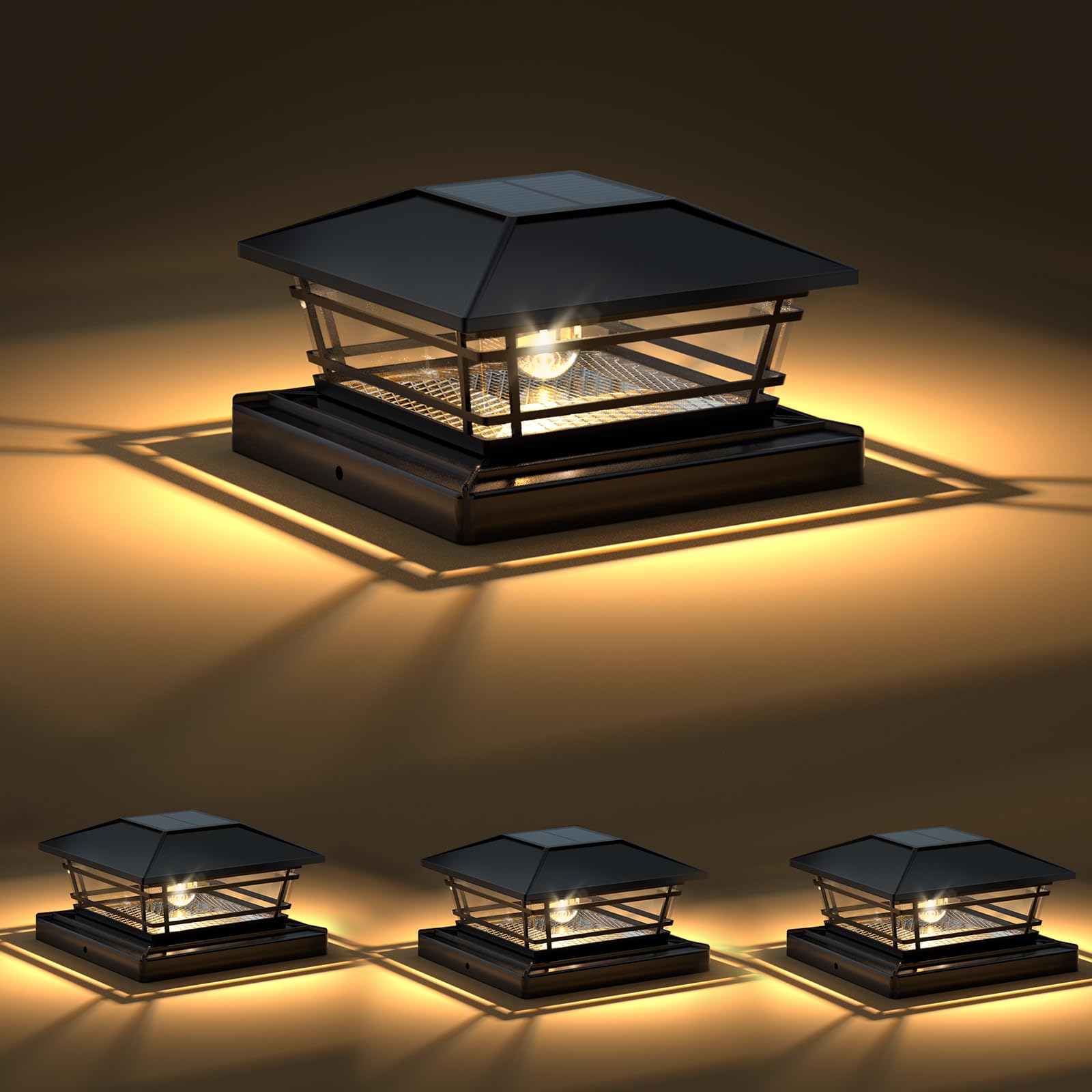 Kipeini Solar Post Cap Lights Outdoor 4Pack [Led Bulb, 2 Brightness Setting] Fence Post Solar Lights Waterproof For 4X4 5X5 Or 5.5X5.5 Wood Posts, Warm Bright Bulb Lighting For Garden Deck Yard