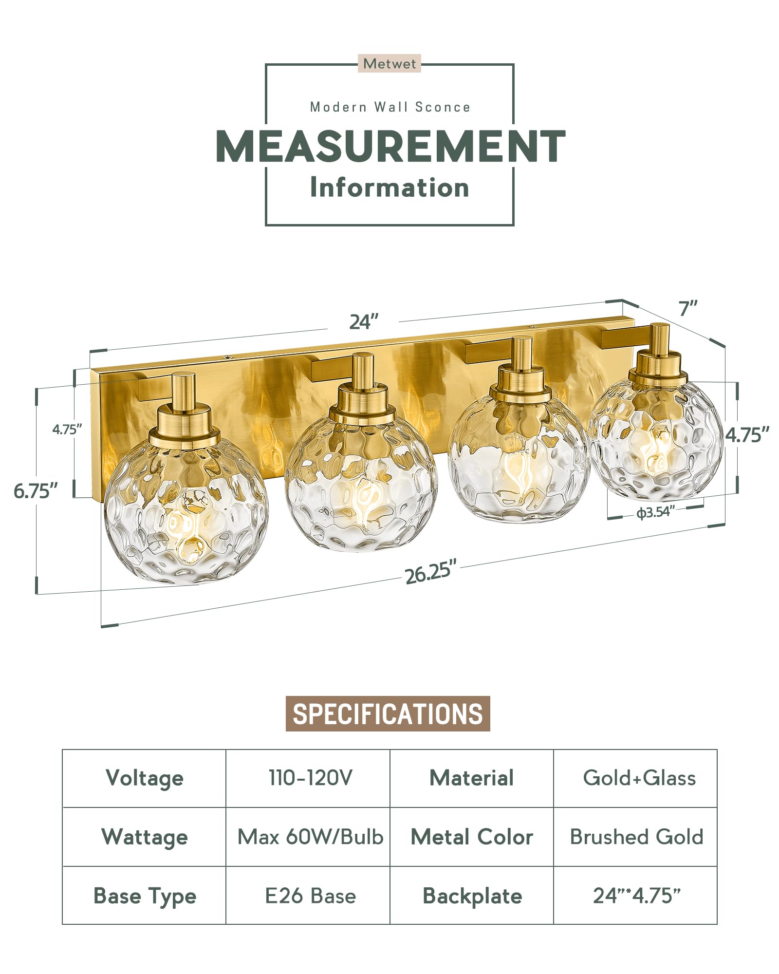 METWET 4-Light Bathroom Vanity Light Fixture, Brushed Gold with Clear Hammered Glass Shade, Model VL200-BG-CL-4