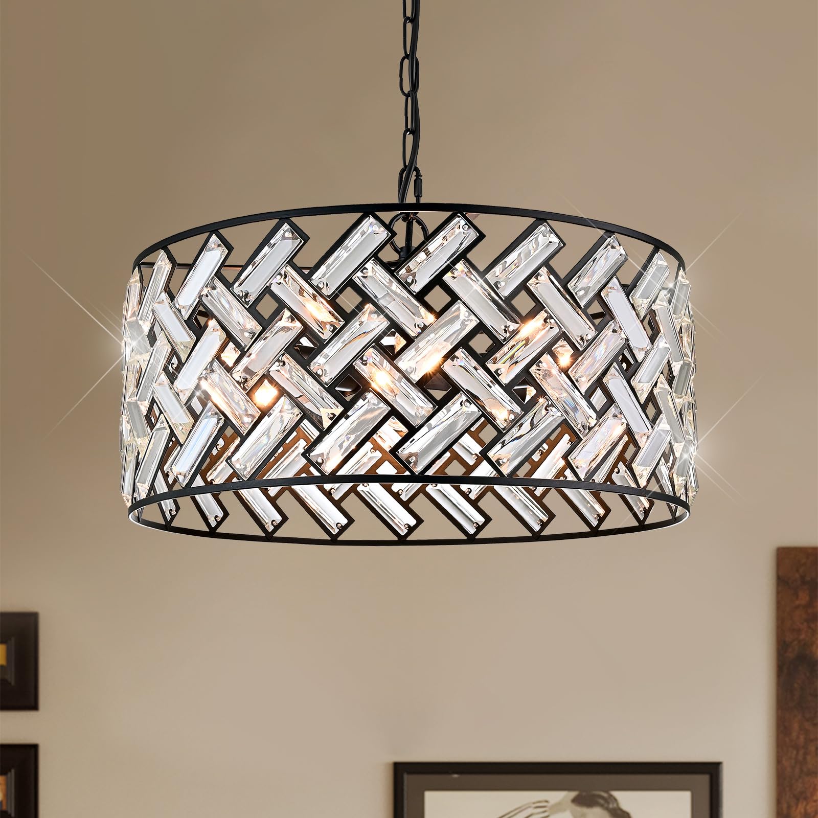 Black Crystal Chandelier  18 Large Drum Ceiling Light  Modern 6-Light Crystal Pendant Lighting  Convertible Semi Flush Mount Hanging Fixture for Dining Room  Living Room  Bedroom  Kitchen  Hallway