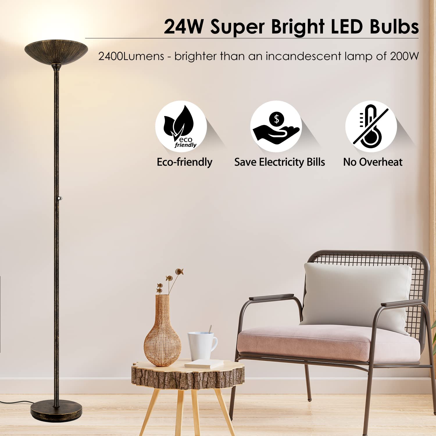 BoostArea Torchiere Floor Lamp, 24W LED, Dimmable, 70 Inch Tall, Antique Bronze, Model B0303