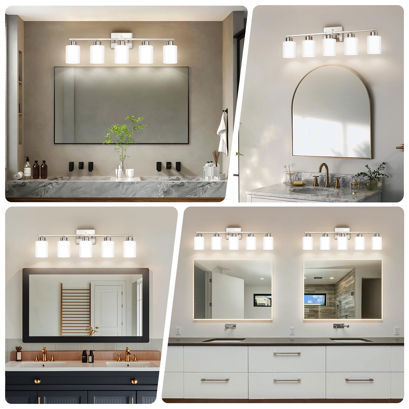 Fonmyim Brushed Nickel Bathroom Light Fixtures, 5-Light Modern Vanity Light Over Mirror, Wall Sconces With Milky White Frosted G