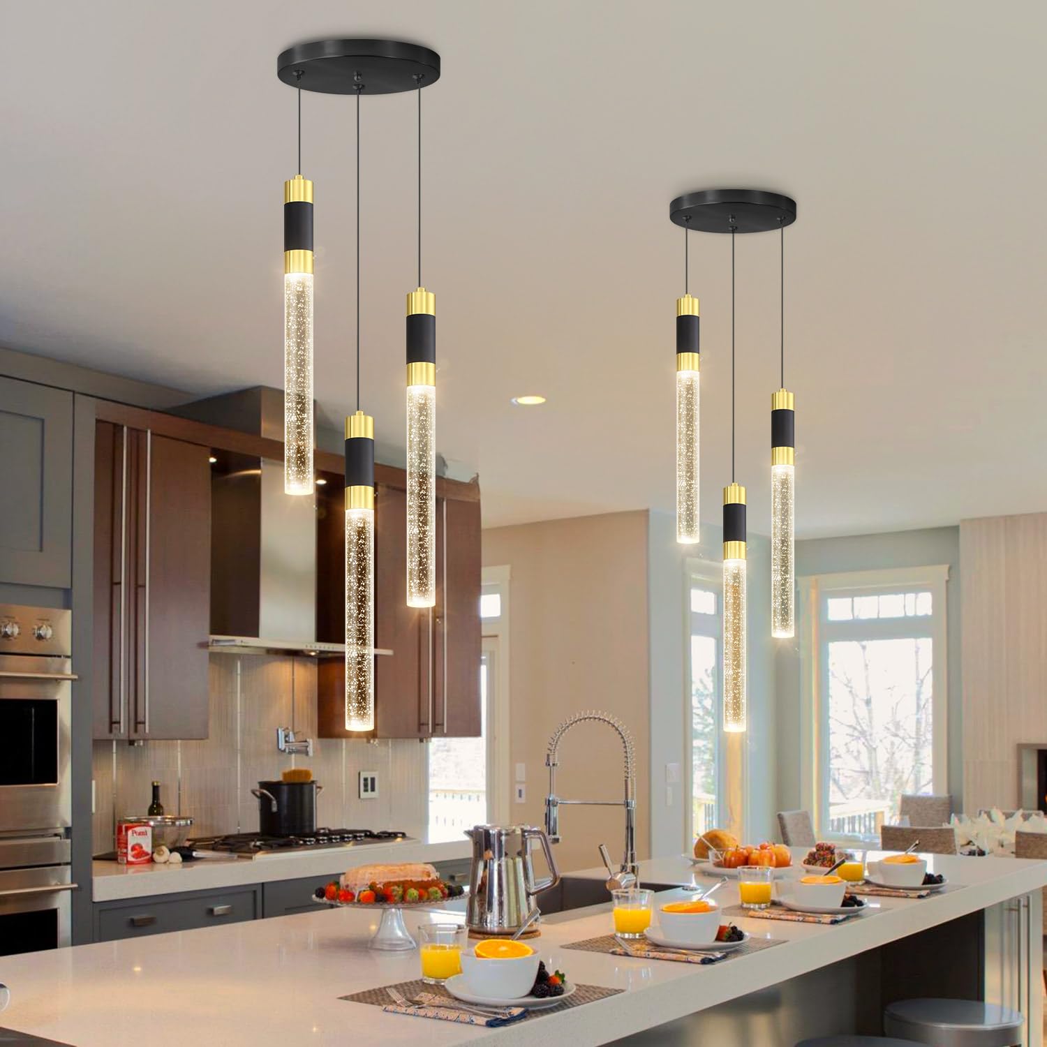 Cenozo Modern Pendant Light - 3-Lights LED Dimmable, Remote Control, 3000K-6000K, Black - Model RS8002-3tou-yuanpan-R