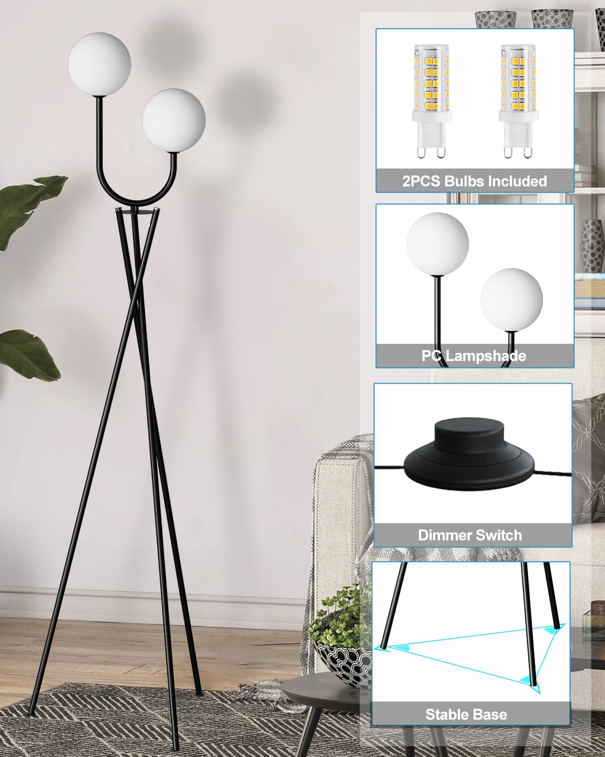 Lightdot Dimmable Black Tripod Floor Lamp, 3 Globe 3000K Bulbs, Modern Mid Century Design