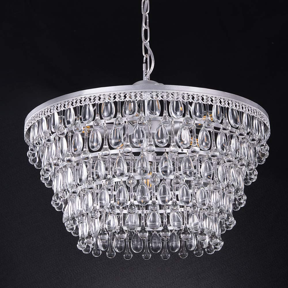 Wellmet 20 Inch Crystal Chandeliers, 6 Lights 5 Tiers Crystal Light, Adjustable Ceiling Pendant Lights, Modern Hanging Chandelie