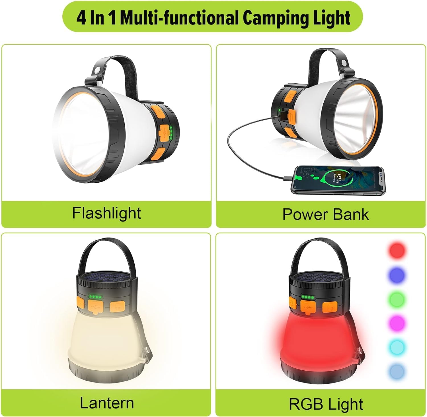 iToncs 2 Pack LED Camping Lantern, 1500 Lumens, Waterproof, Solar Rechargeable, 7500mAh Power Bank, Orange&Black