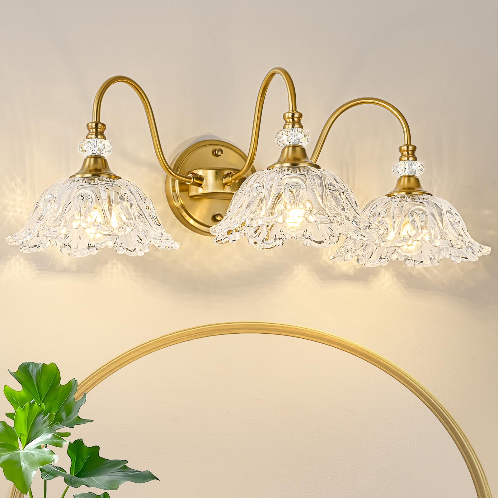 sunkryster 3-Light Gold Bathroom Vanity Light, Brushed Gold Finish with Floral Clear Glass Shades, Model Sun-104AB-3-Gold