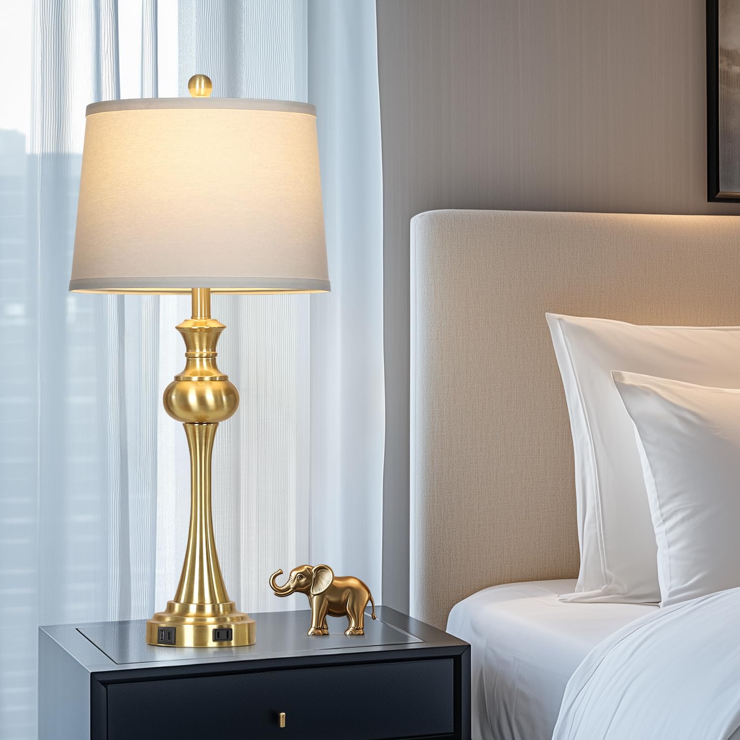 Cinyirong 28.75" Gold Table Lamps - Touch Control, USB C+A, 3-Way Dimmable, Set of 2, Antique Brass for Living Room & Bedrooms