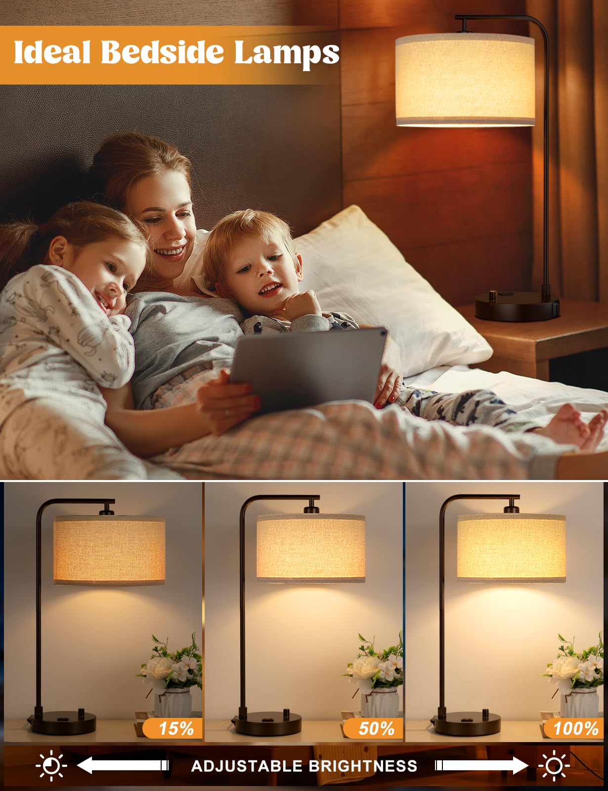 Brown Side Table Lamp With Usb Port And Outlet, Dimmable Nightstand Bedside Lamps With Linen Lampshade, Desk Lamp For Bedroom, L