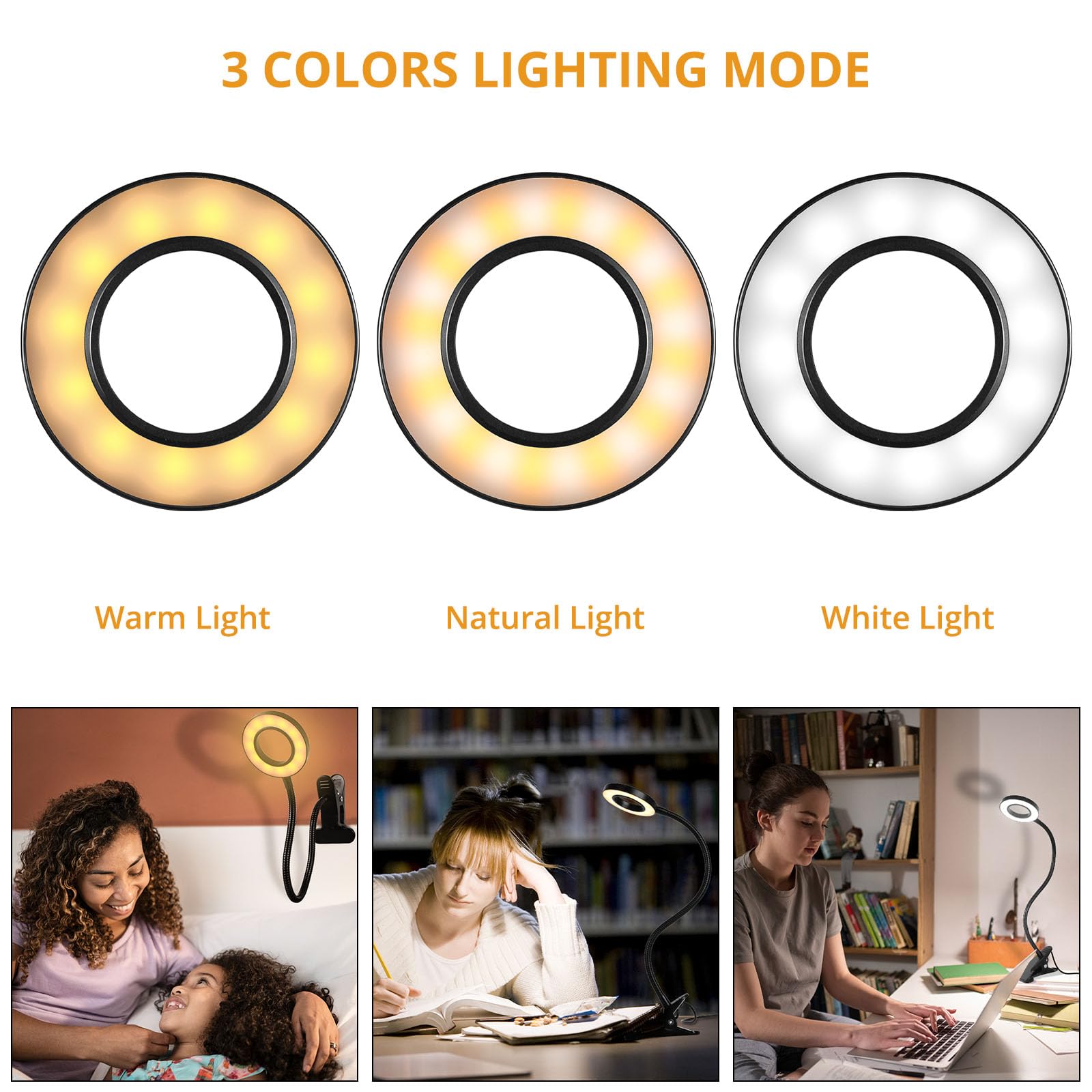 Woputne Desk Clip-on Lamp, 10 Dimmable Brightness Modes, 5V 2A Adapter, Black, 2 Packs, Model HL-TJ8010A