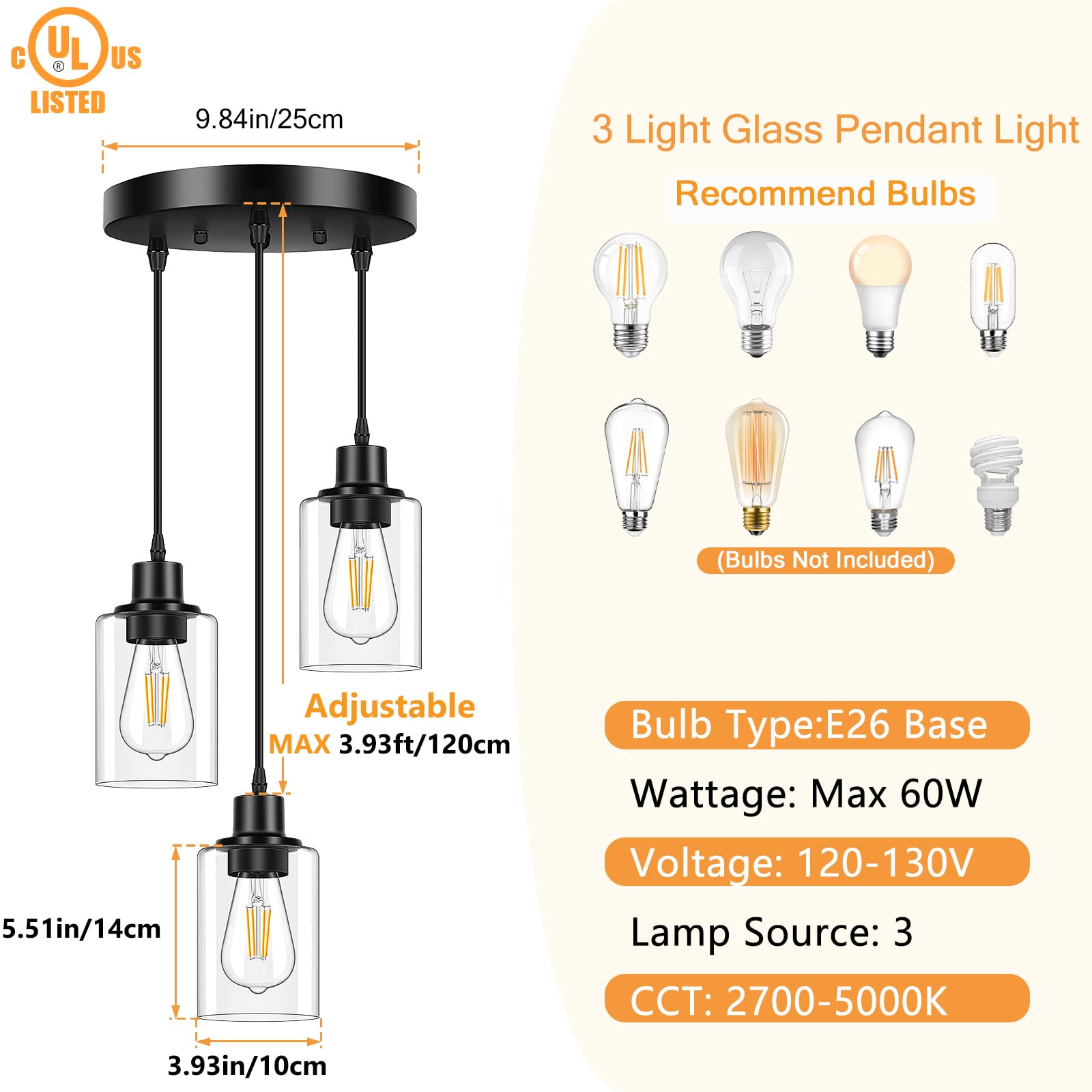 Licperron 3-Light Pendant Light Fixtures, Adjustable Black Metal Lighting with Clear Glass Shade for Kitchen Island, Dining Room, Living Room
