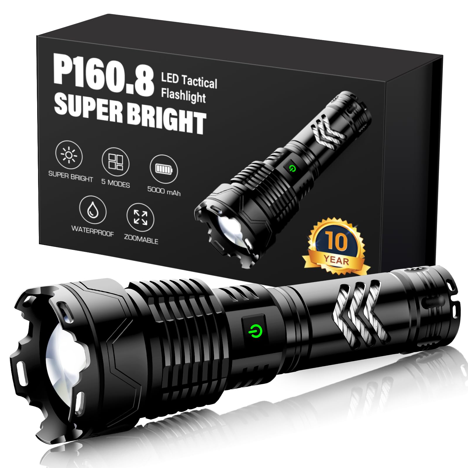 Sinvimes 990000Lm Rechargeable Tactical Flashlight, Zoomable, 6 Modes, Ipx7 Waterproof, Black