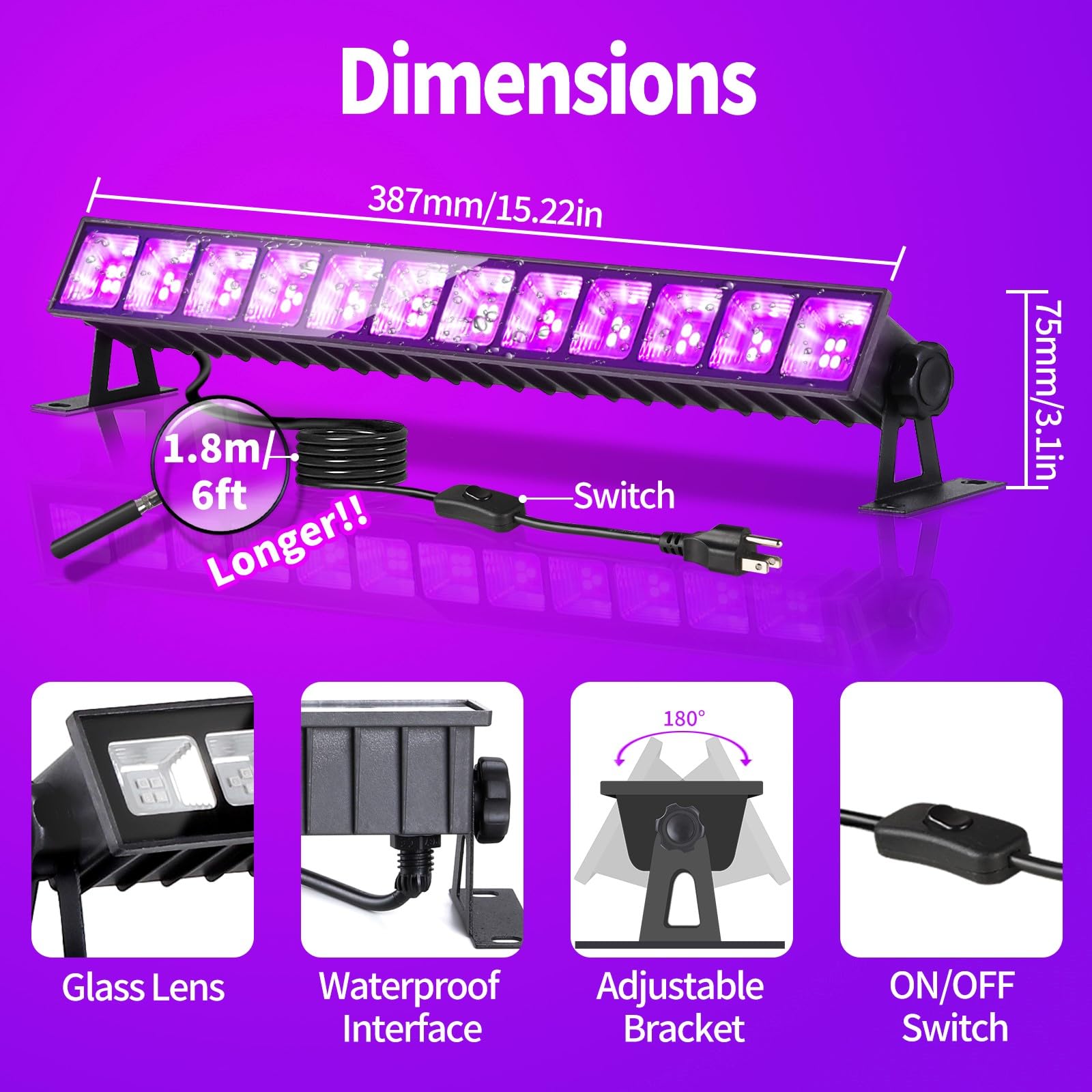 40W Led Black Light Bar, Blacklight With 6Ft Cord & Switch, Ip66 Waterproof Black Lights For Glow Party, Halloween, Birthday, Body Paint, Bedroom, Classroom, Each Light Up 24X24Ft, 3 Pack