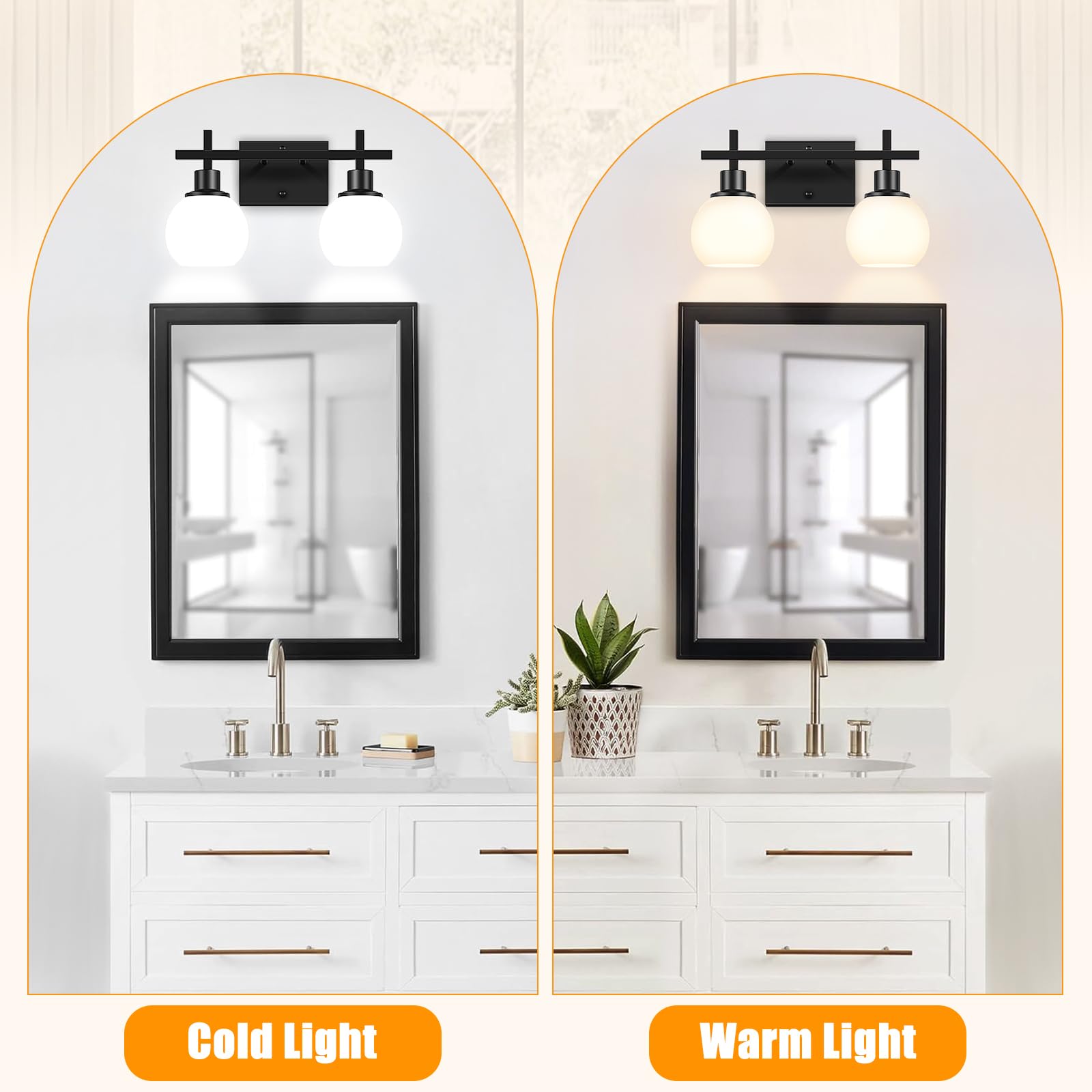 Dpyrrhic 2-Light Black Bathroom Lighting Fixture, Metal Vanity Light with Milky White Glass, Model JD-15