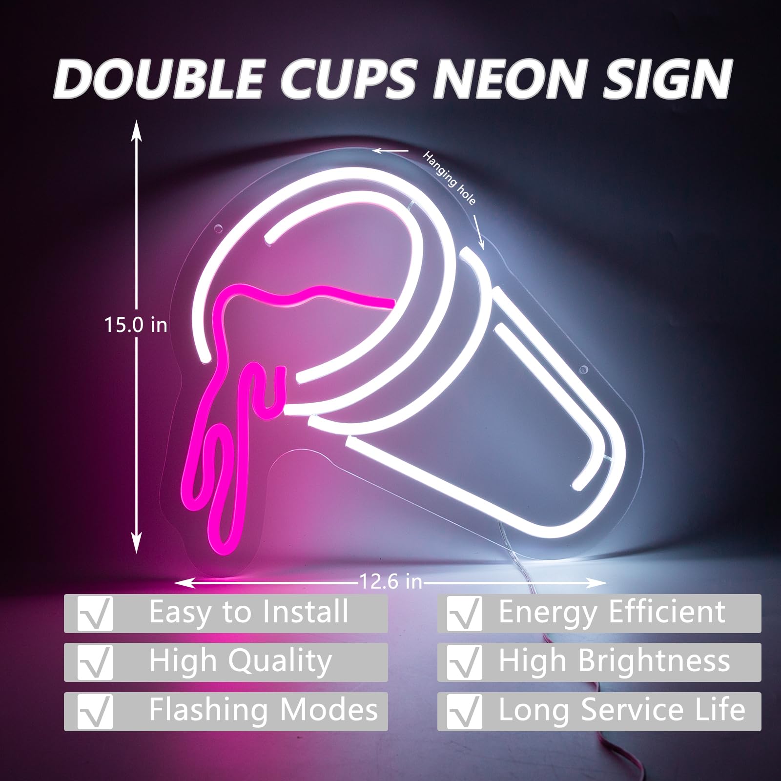 Moodion Double Cups Neon Sign for Wall Decor, Dimmable Pink Neon LED Lights Signs for Bar Man Cave, Neon Light Up Signs for Bedr