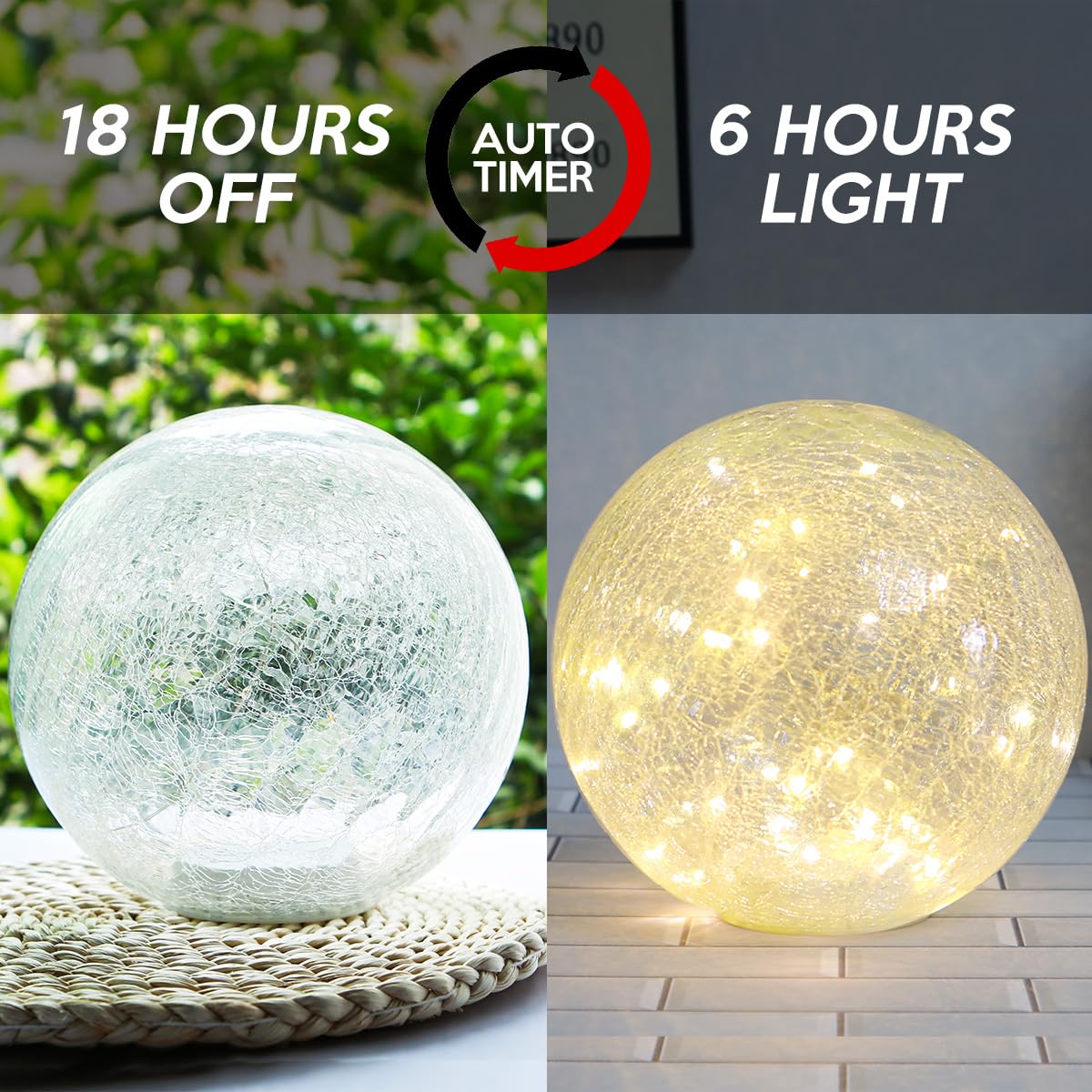 Kaowod Crackle Globe LED Lamp - 6 Clear Glass Orb with Timer, Battery Operated Night Light for Living Room & Christmas Decoration