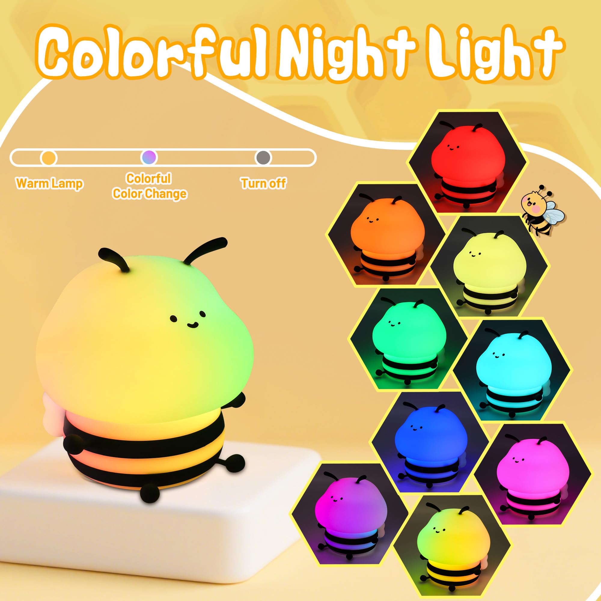 Attivolife Bee Night Light, Silicone Nursery Lamp, 8 Colors, Dimming, Rechargeable, 4.33x3.93x4.72in, Yellow-Bee, Model