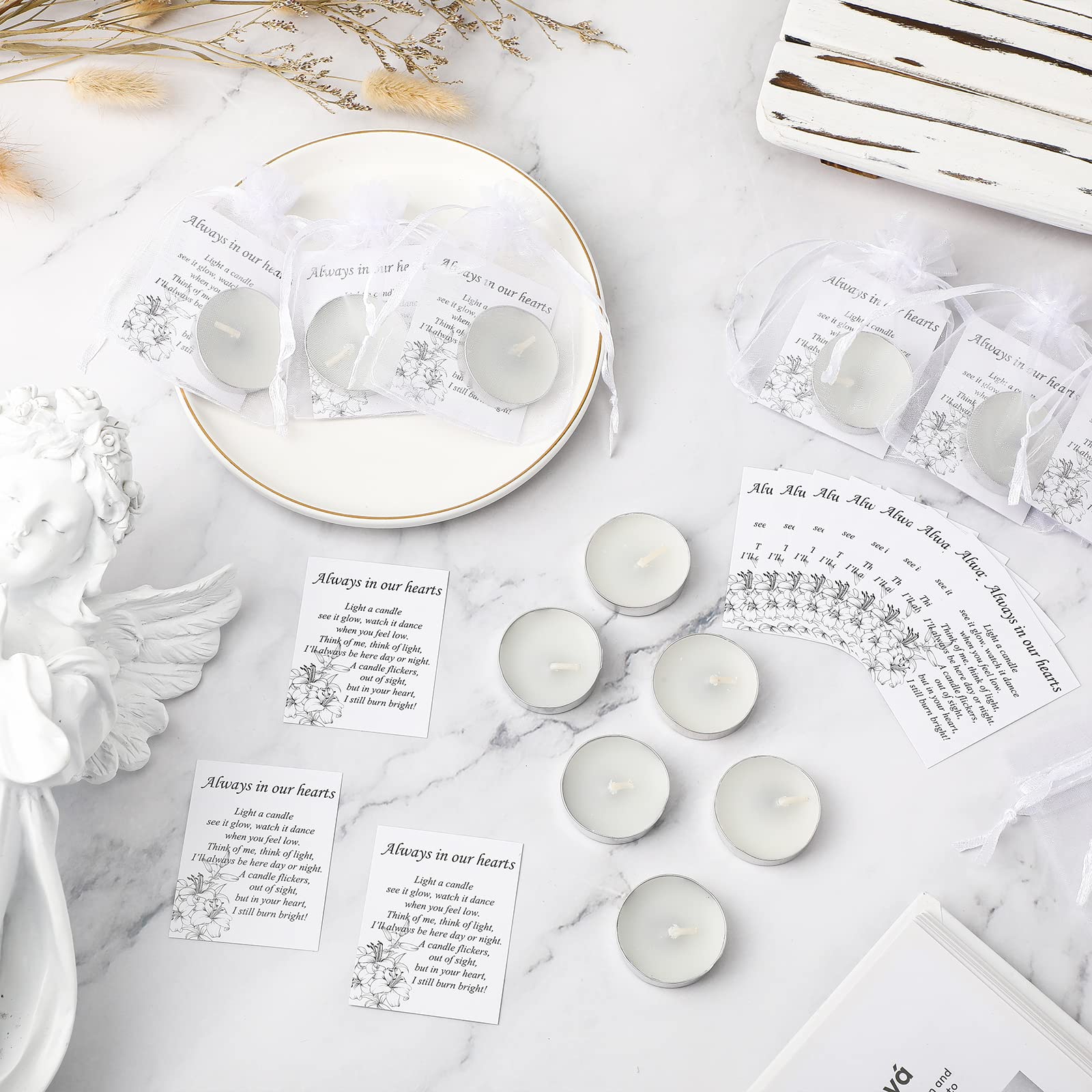 Coume 50 Set Funeral Favors Memorial Tealight Candles Unscented White Candles Funeral Gift Candles With Condolence Bereavement Cards And Organza Bags For Guest Furneral Party (Minimalist)