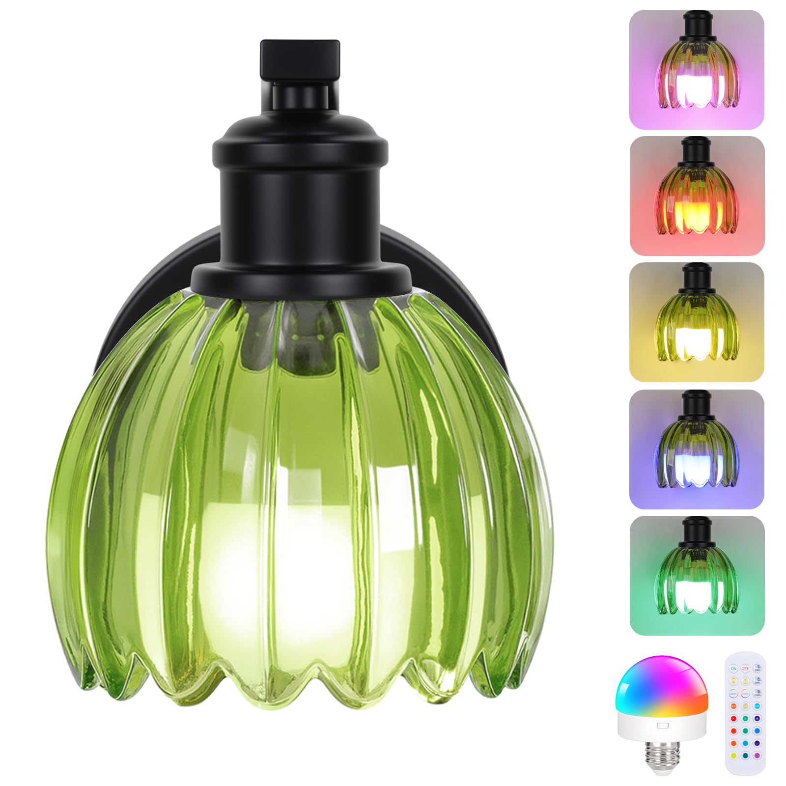 VerRon Rechargeable Wall Sconce, Green Glass Lampshade, Wireless, Remote Control, 1-Pack, Black, Model B05092P