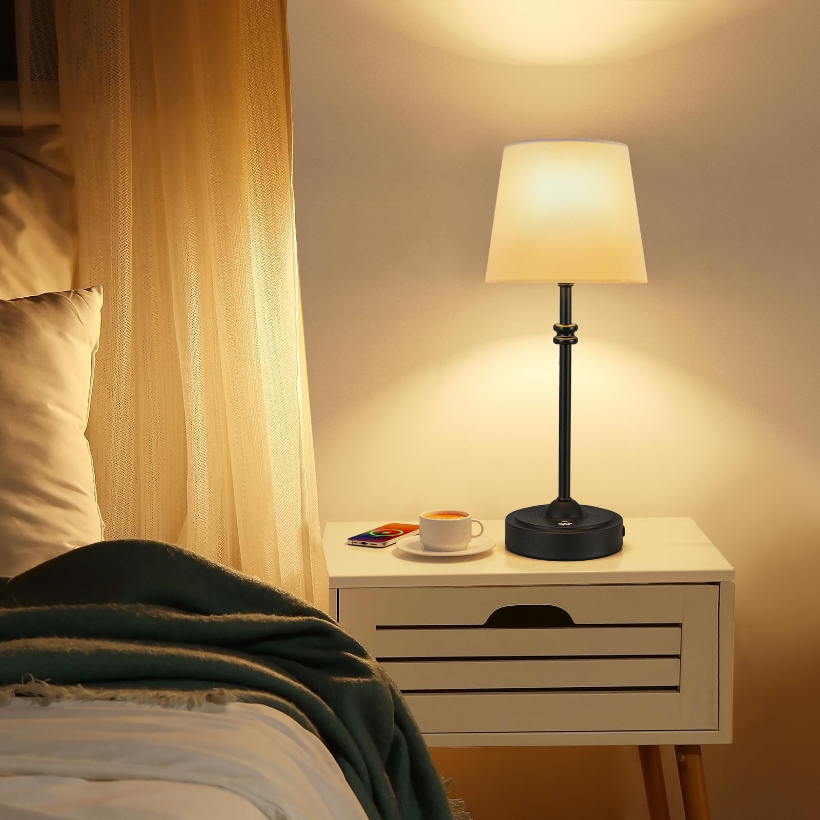 ONEWISH Cordless Table Lamp, 4000mAh Rechargeable, Stepless Dimmable, Metal, Black, Model 13TAB124, Warm 2700K Light