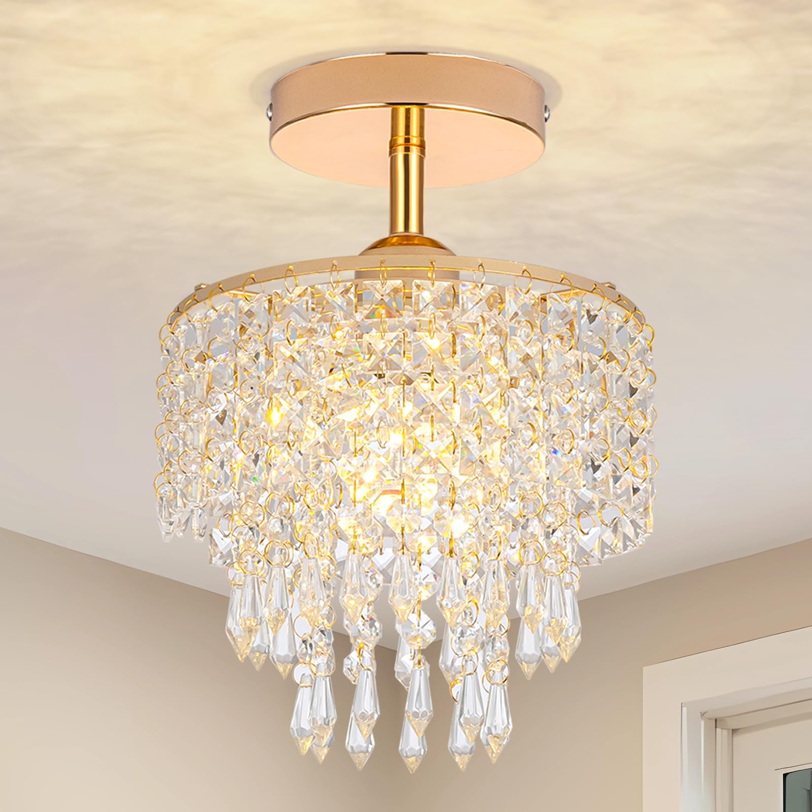Hongnuofc Mini Crystal Chandelier 3-Tier Crystal Raindrop Semi Flush Mount Ceiling Light Fixture Crystal Chandeliers For Bedroom