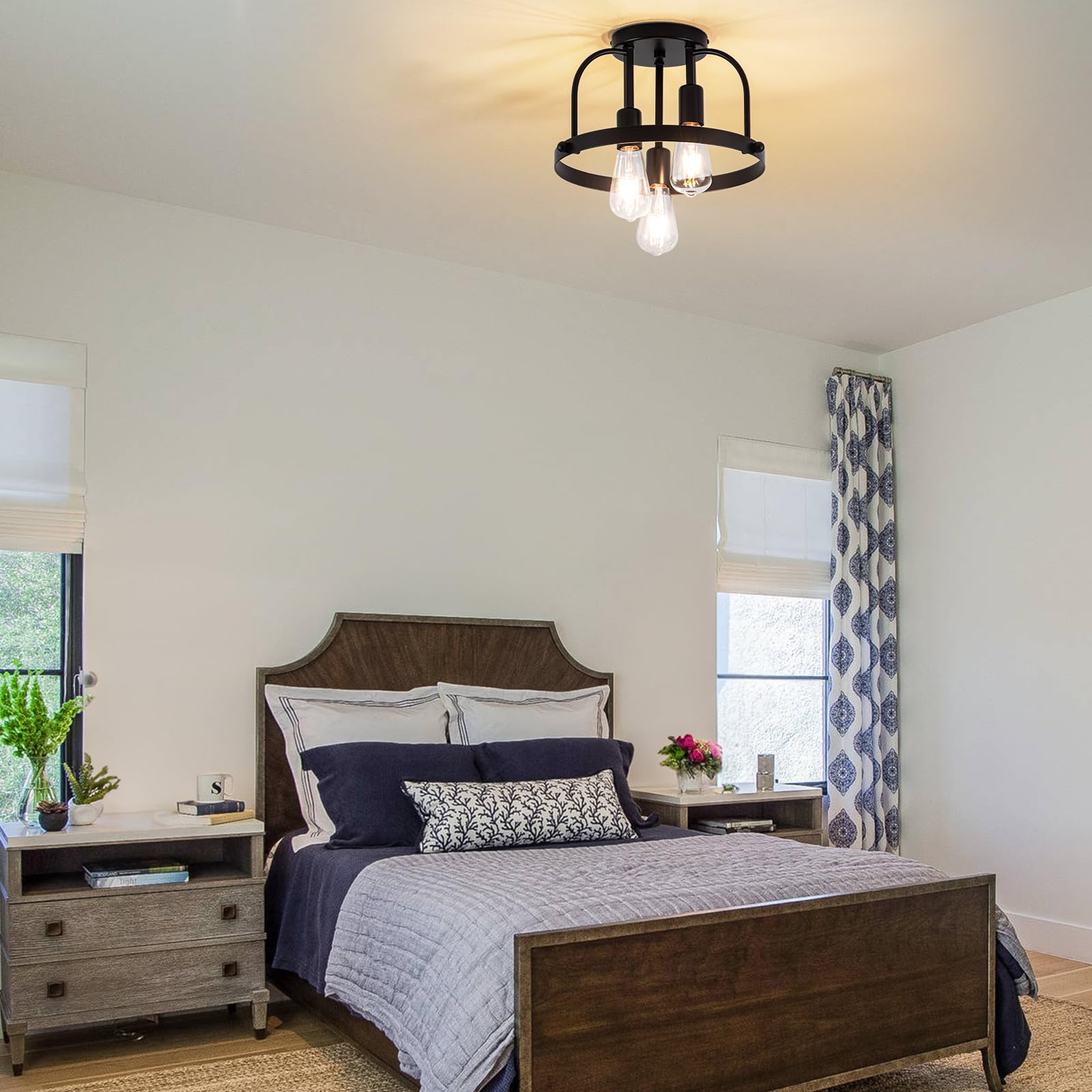 Fengkedu 3 Light Industrial Ceiling Light Black Semi Flush Mount Lights Close To Ceiling Light Fixtures Cage Design Farmhouse Ceiling Lighting For Kitchen Bedroom Bathroom Foyer Hallway (E26  1Pack)