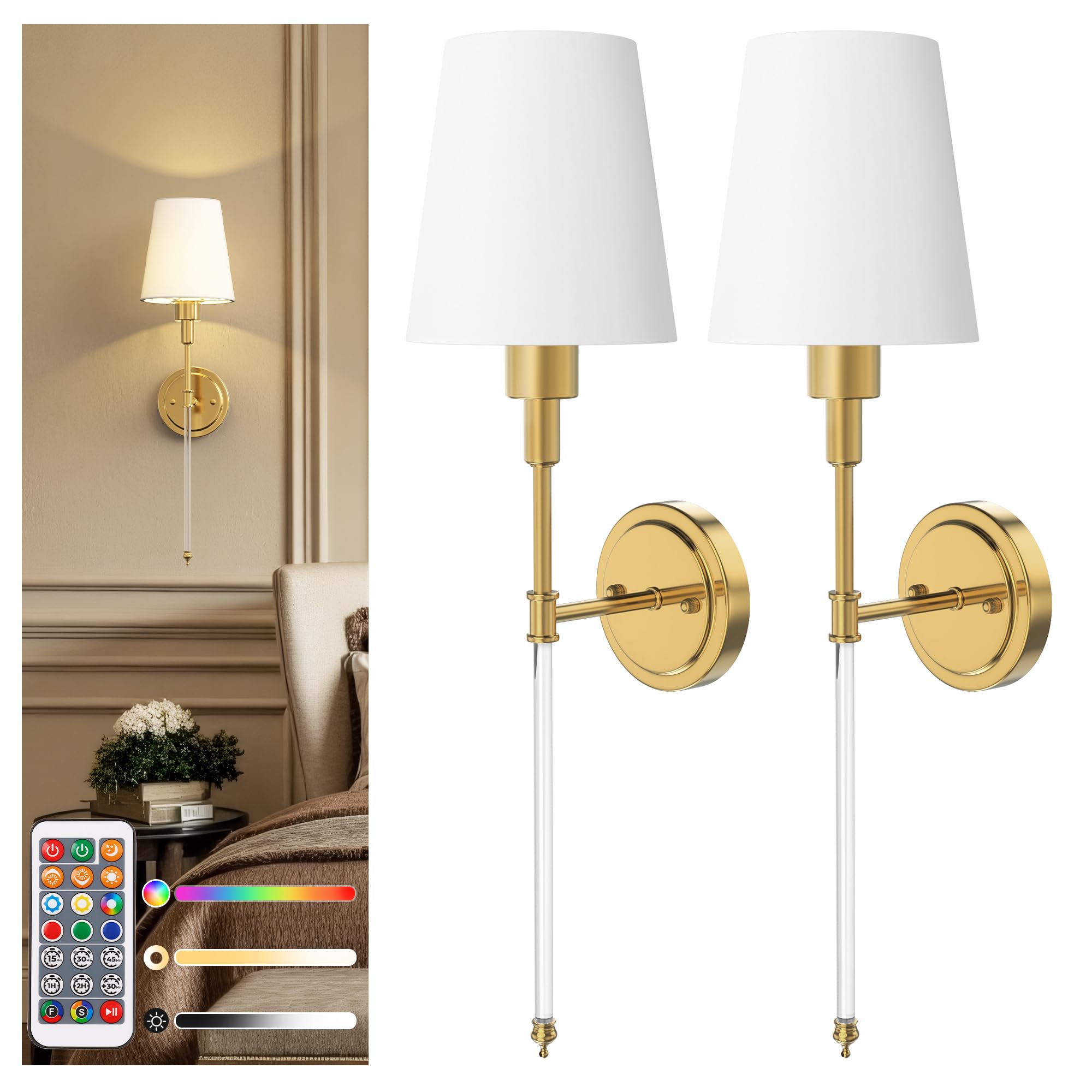 DORESshop Battery Operated Wall Sconce Set of 2, Dimmable, 24.6in, Gold and Glass