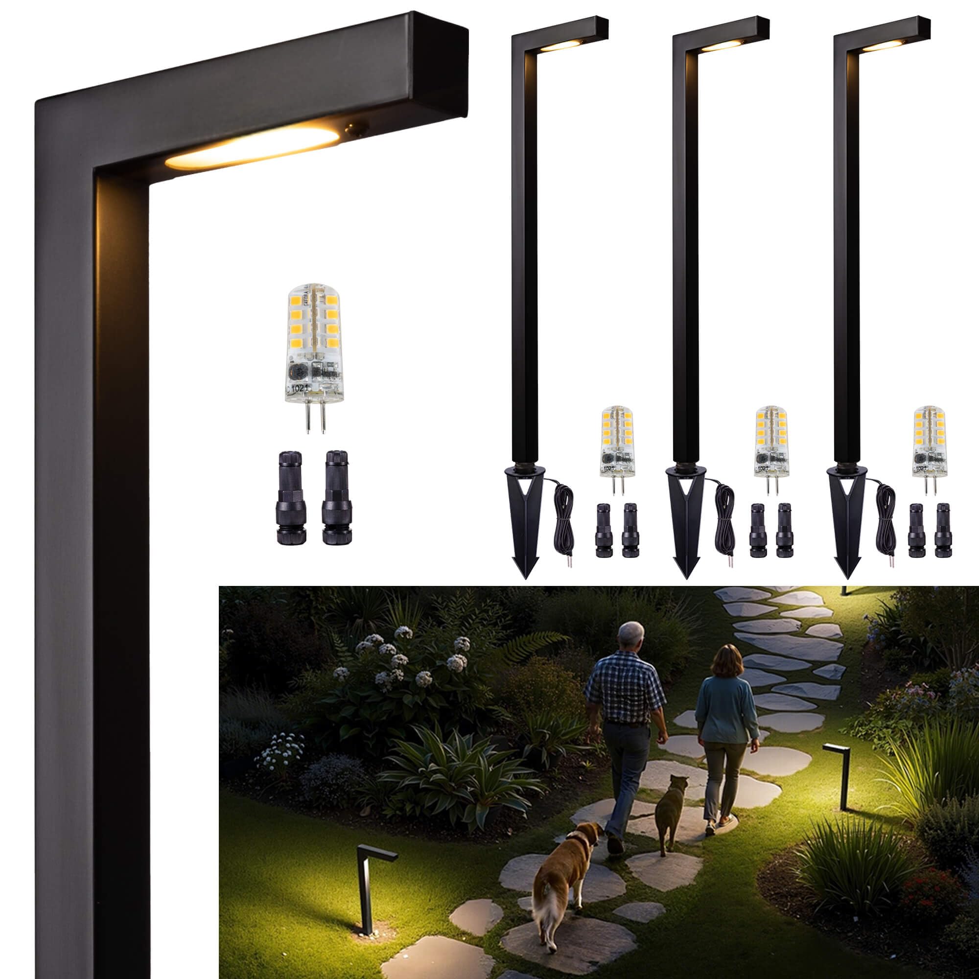 Gardenreet Brass Low Voltage Path Lights  12V Landscaping Pathway Light IP65 Waterproof  Wired Walkway Lighting Outdoor  LED Black for Lawn Backyard with 3W 270LM 3000K Soft White G4 Bulb (4 Pack)