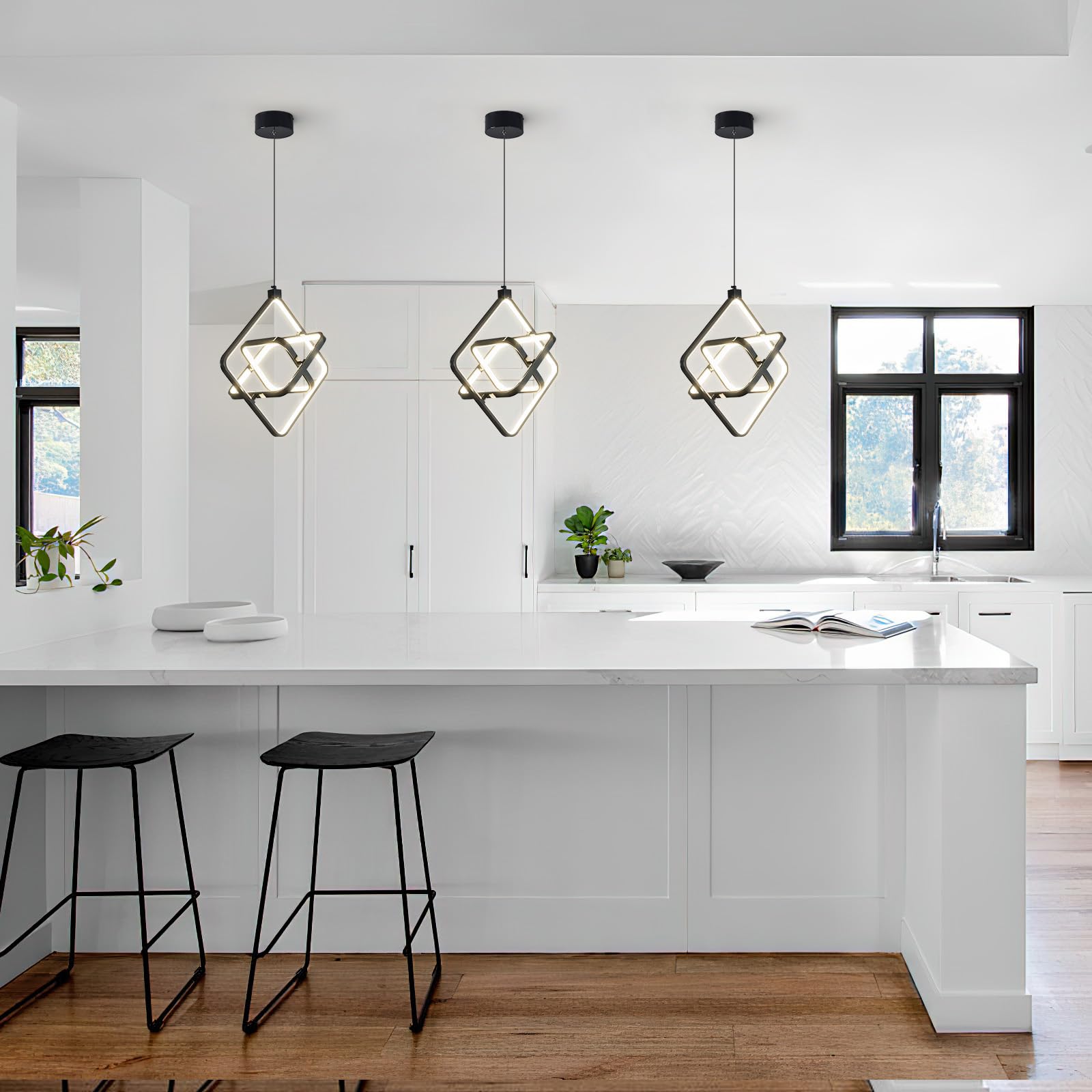 Bnhhlz Modern Led Pendant Lights Plated Black Rectangular Pendant Light Fixtures 4000K 35W Dimmable Pendant Lighting For Dining Room Kitchen Island Bedroom Living Room Foyer(3-Ring)