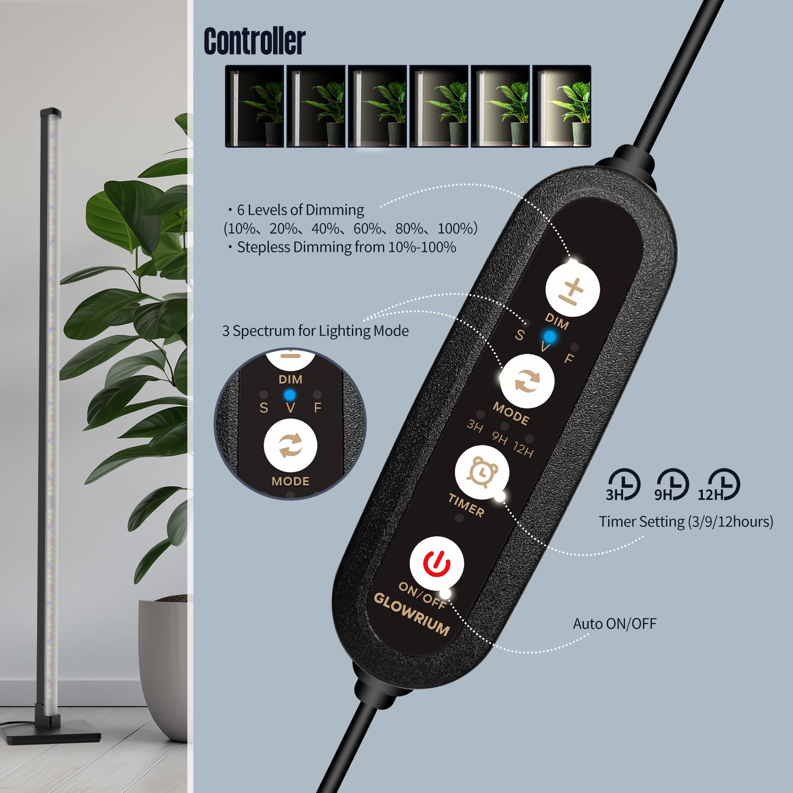 Glowrium Standing Grow Light For Indoor Plants, 15In Full Spectrum Vertical Plant Light,3 Light Modes, Auto-Timer,6-Level Dimmable, Suitable For Wide Area Coverage In Indoor Plants (1-Section)