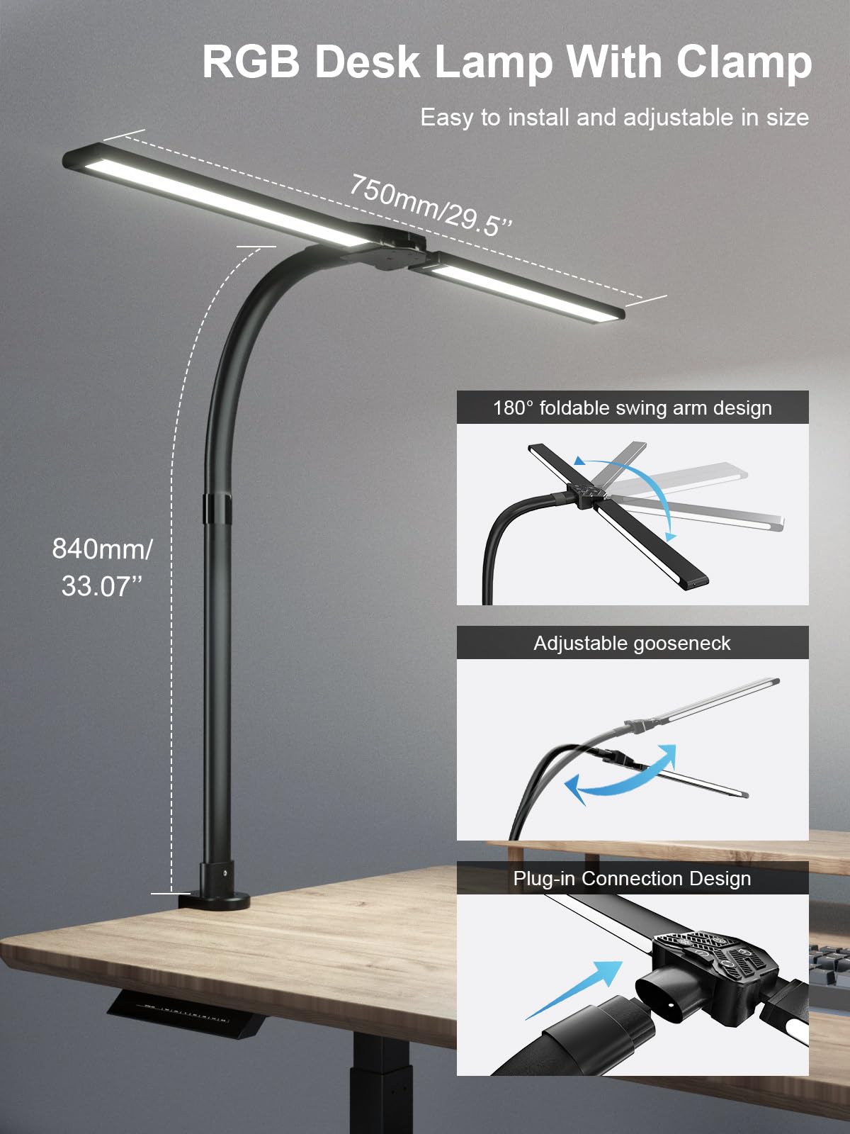 Radlfut Double Swing Arm Desk Lamp - Led Desk Lamp With Clamp,24W Ultra Bright Auto Dimming Desk Light With Rgb Atmosphere Light