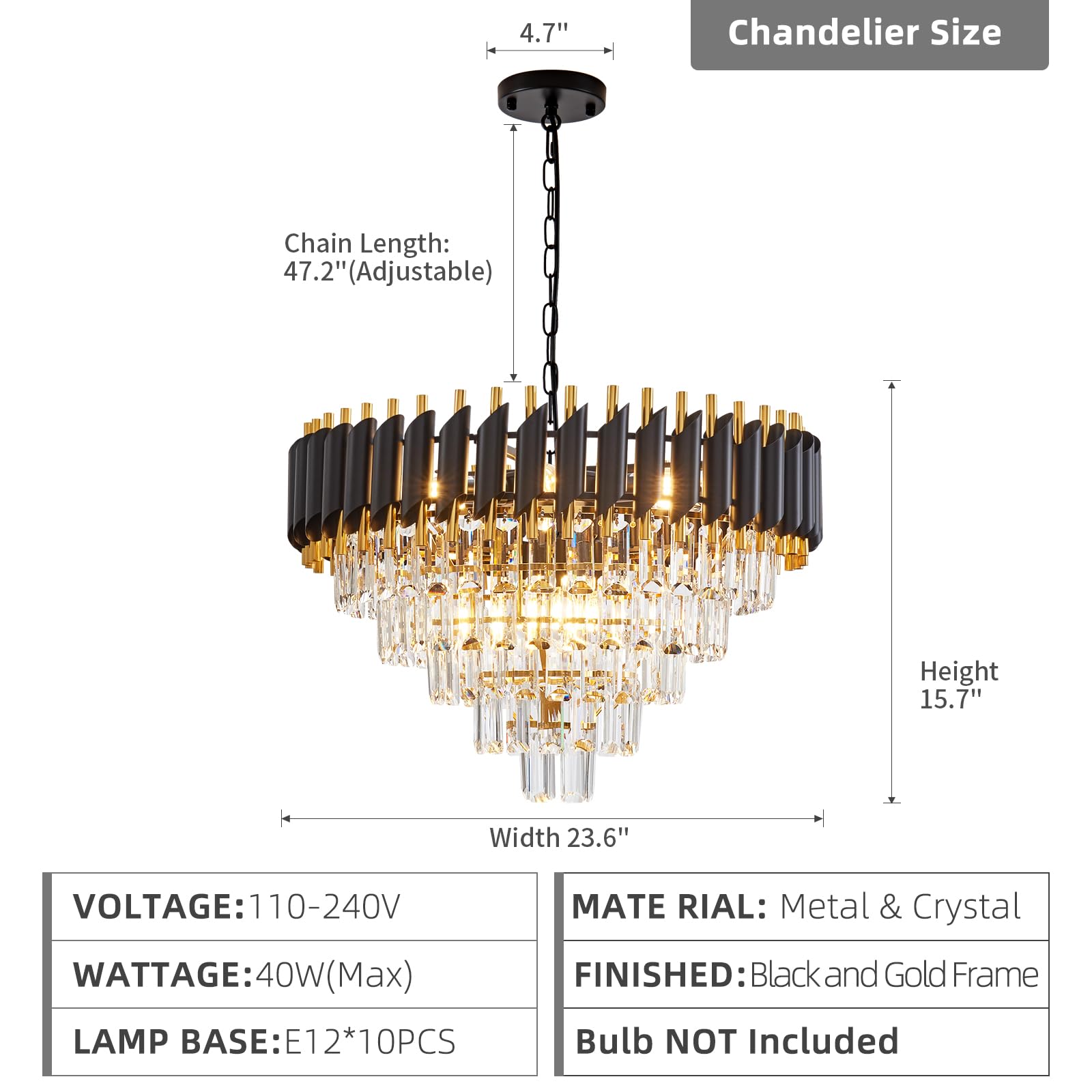 Aixialin 10-Light Large Crystal Chandelier 24'' Dining Room Light Fixtures 5 Tiers Flush Mount Black And Gold Chandelier Round L
