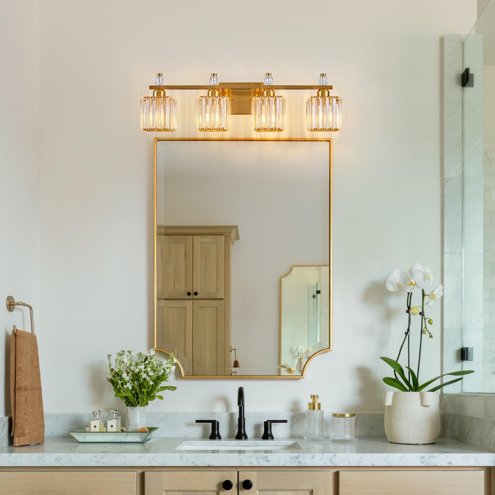 FDPBY 4-Light Modern Crystal Vanity Lights Gold Metal Bathroom Fixture Model 290