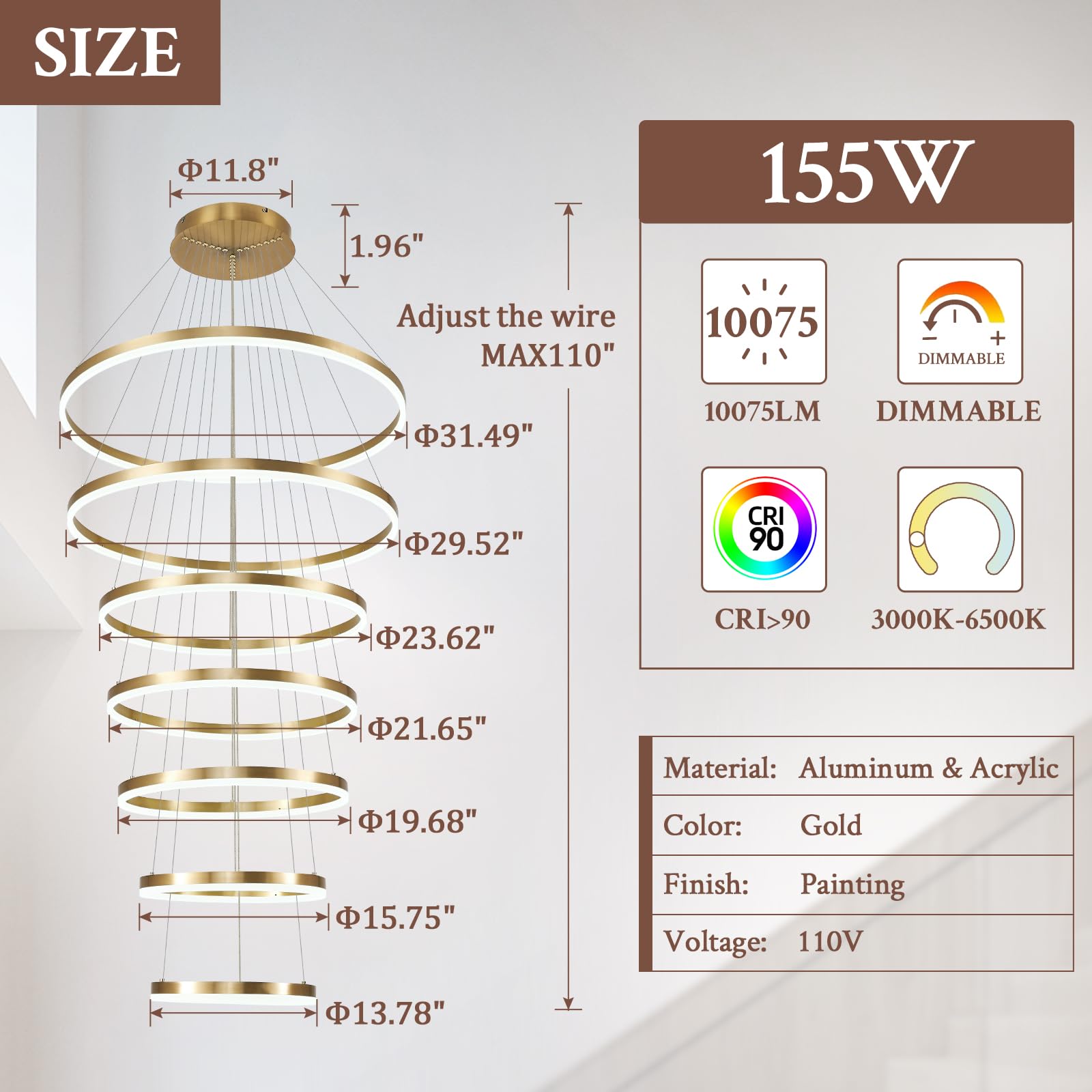 Sparklelf Modern LED Chandelier, 7 Rings 31.5in, Gold, Dimmable, Remote Control, 3000K-6500K for Staircase, Entryway,