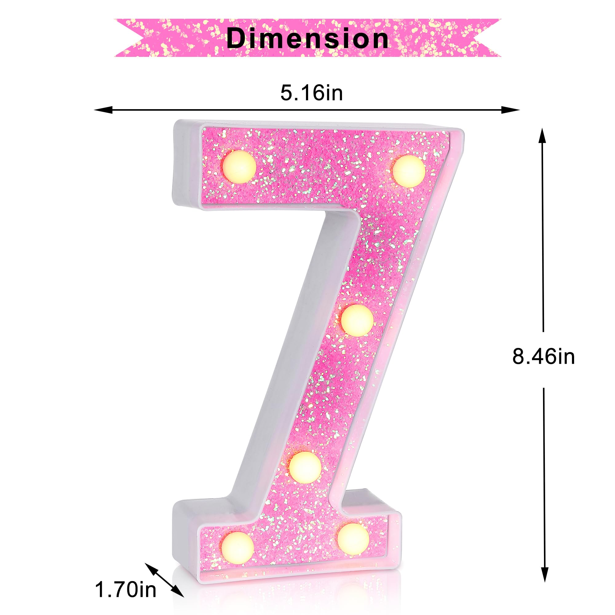 Foaky Led Letter Lights Sign Light Up Pink Letters Glitter Alphabet Letter Sign For Night Light Wedding/Birthday Party Christmas Lamp Girls Gifts,Number 7, 17Th 70Th Birthday Decoration (7)