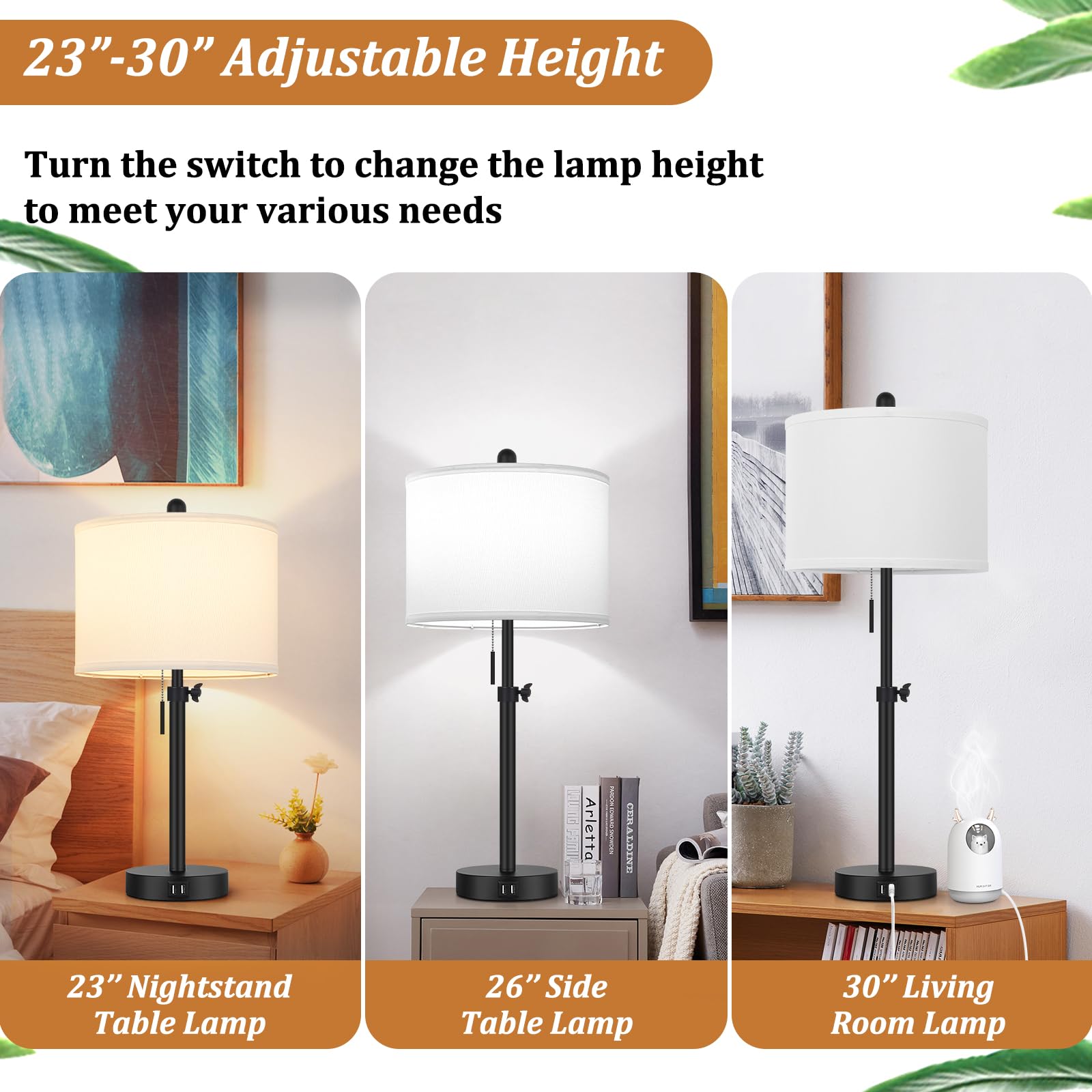 Kondras 23-30" Height Adjustable Table Lamp Set of 2, Black Metal with USB Ports, Modern Design for Bedroom & Living Room