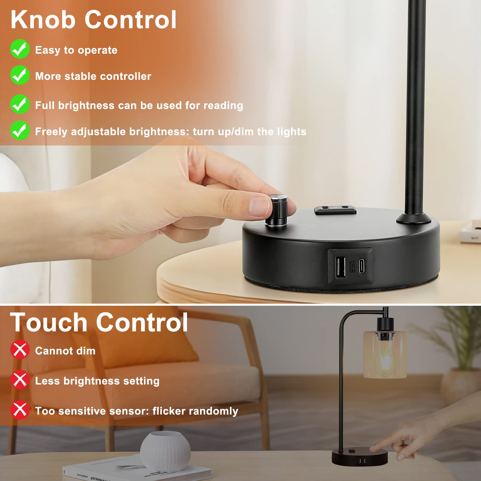 Innqoo Industrial Table Lamps For Bedrooms Set Of 2 - Fully Dimmable Bedside Lamps With Usb Ports And Outlet, Brown Nightstand L