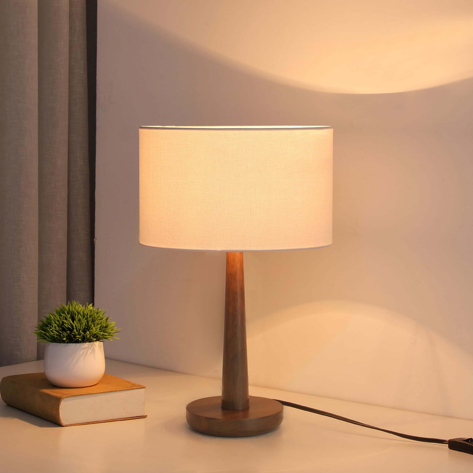 Keazile 18.5 Modern Table Lamp with Walnut Wood Base, Dimmable UL-Listed Desk and Nightstand Lamp for Living Room Bedroom Office