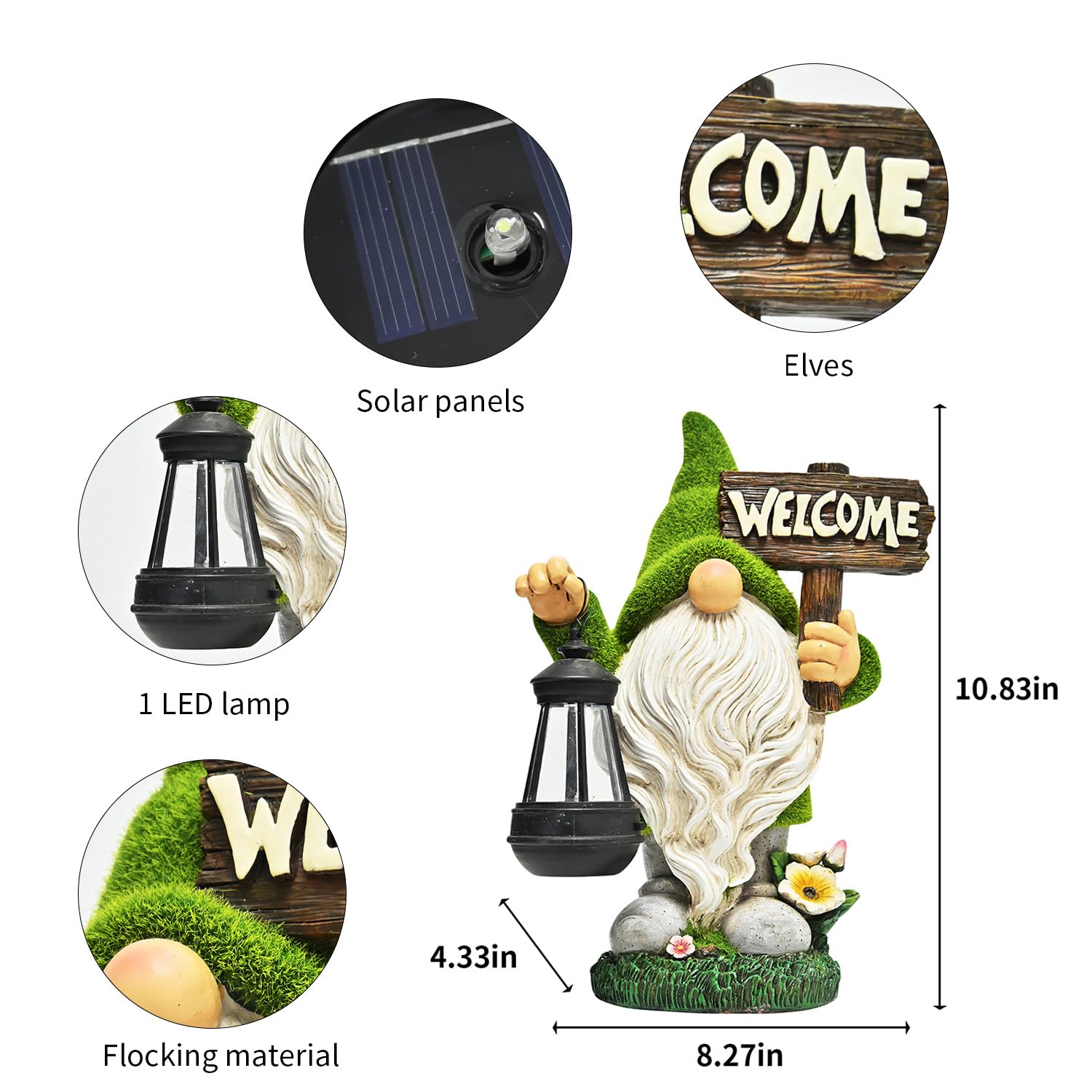 ASAWASA Gnomes Decorations for Yard, Solar LED Light, 10.8in Large, Resin, Gnome With Welcome Placard