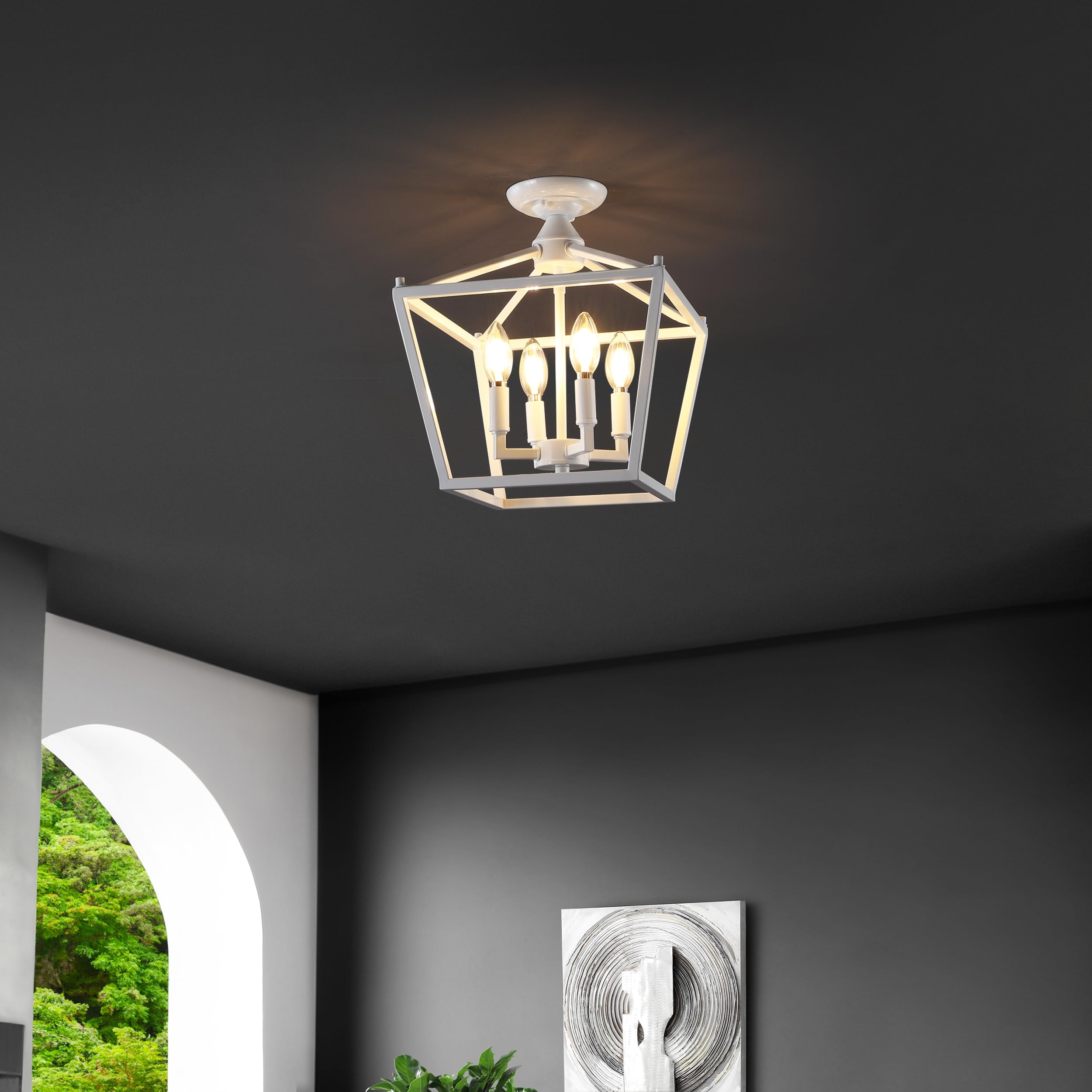 JONATHAN Y Mini Lantern 4-Light Flush Mount 12in Iron White JYL7610E for Office, Living Room, Bedroom, Hallway