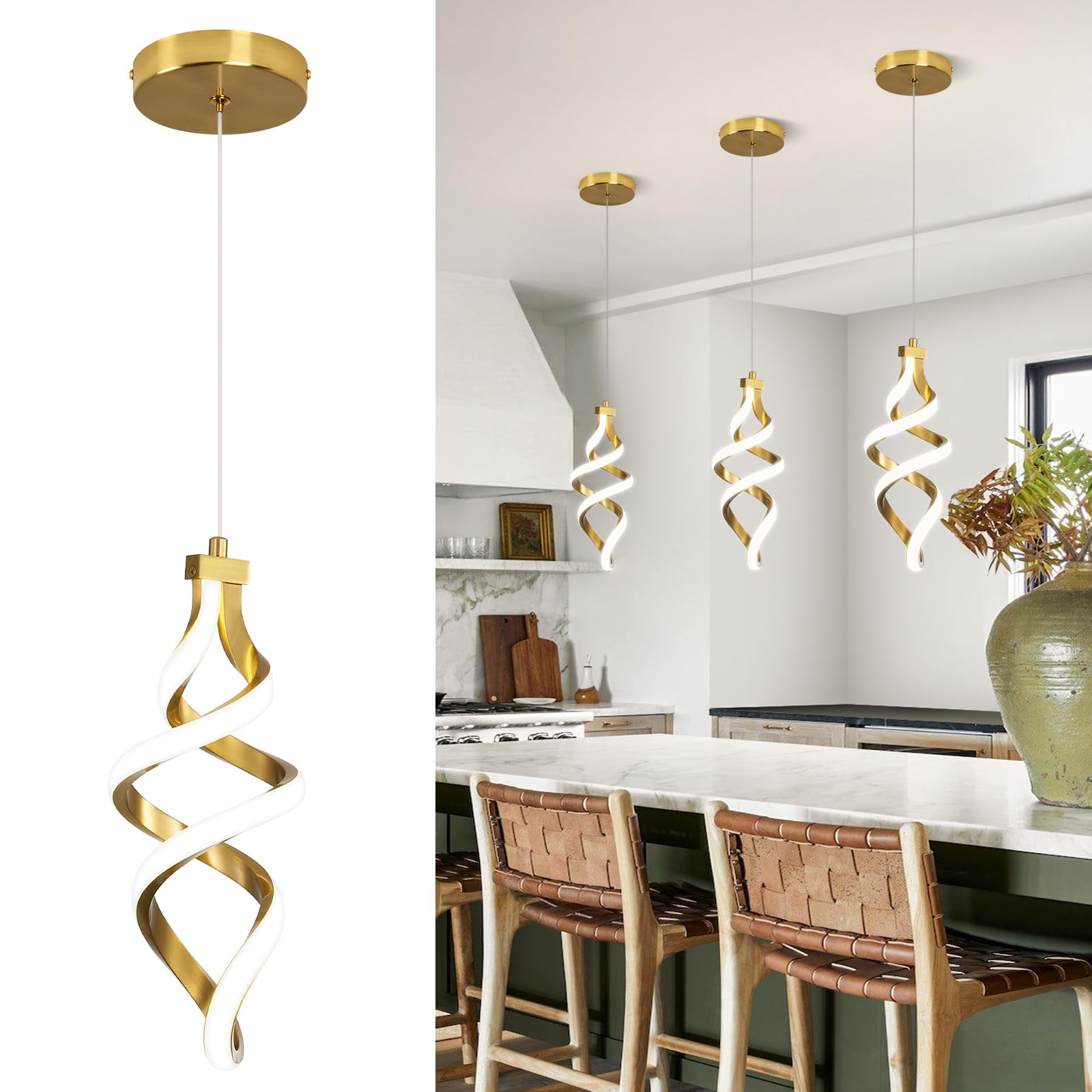 EIDISUNY Modern LED Pendant Light Fixture  15W Spiral Led Chandelier Hanging Lamp  4500K Pendant Lights Kitchen Island  Adjustable Height Pendant Light for Dining Room Bedroom Kitchen Island Cafe